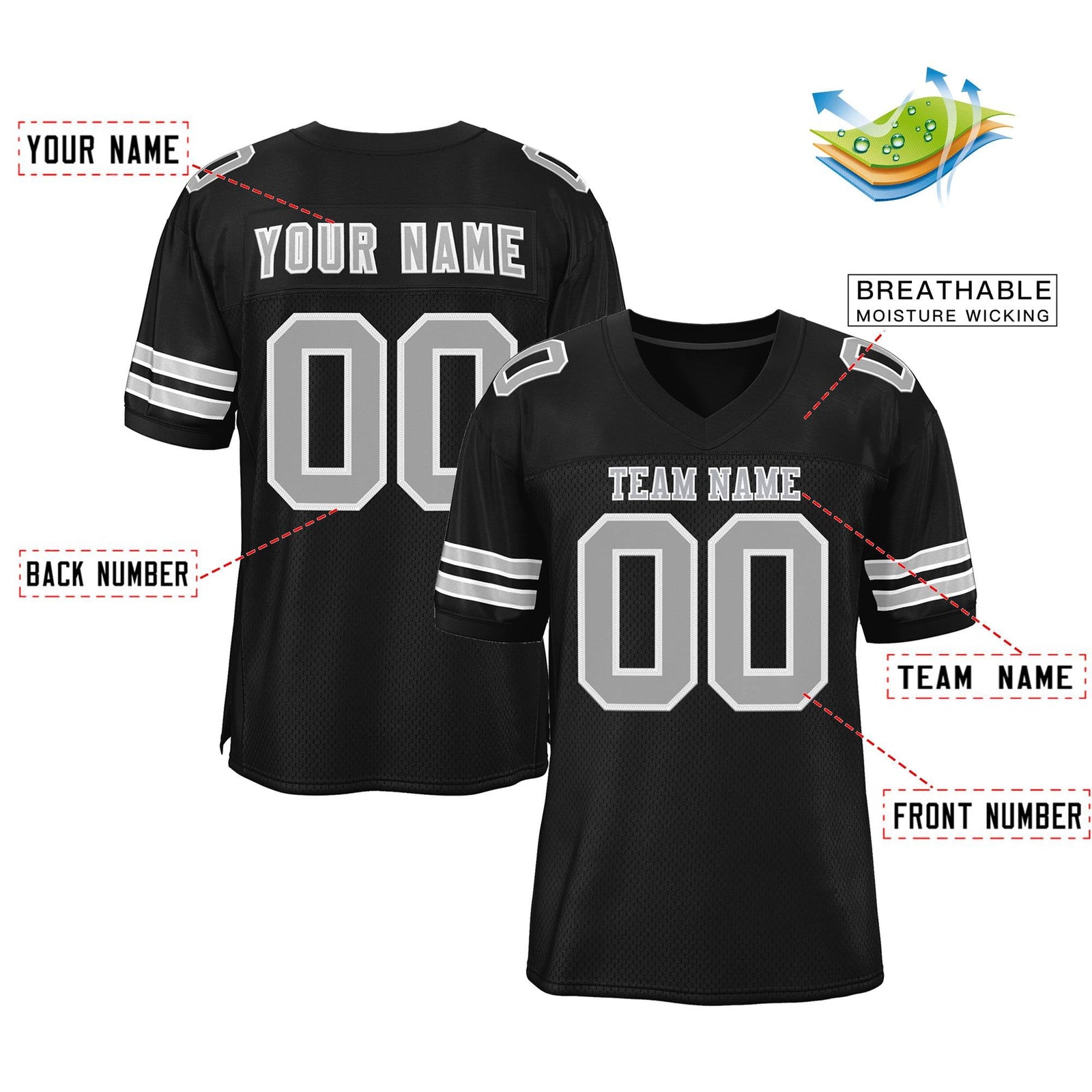 Custom Black Gray-White Classic Style Mesh Authentic Football Jersey