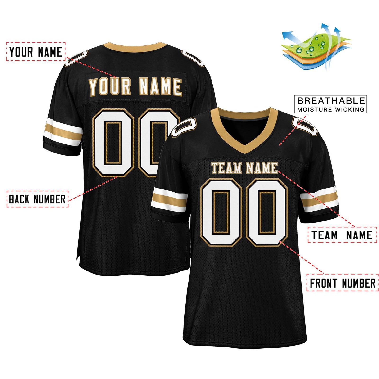 Custom Black White-Old Gold Classic Style Mesh Authentic Football Jersey