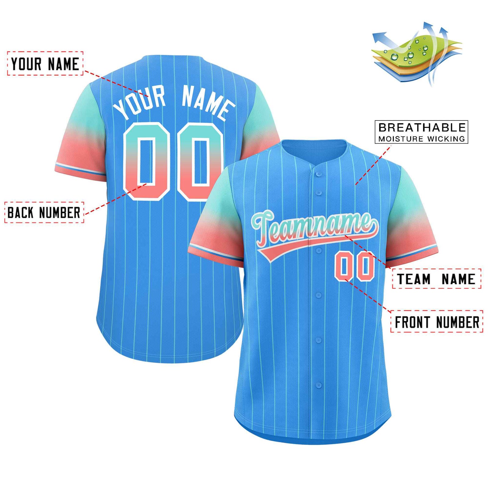 Custom Powder Blue Aqua Red-White Stripe Font Gradient Fashion Authentic Baseball Jersey