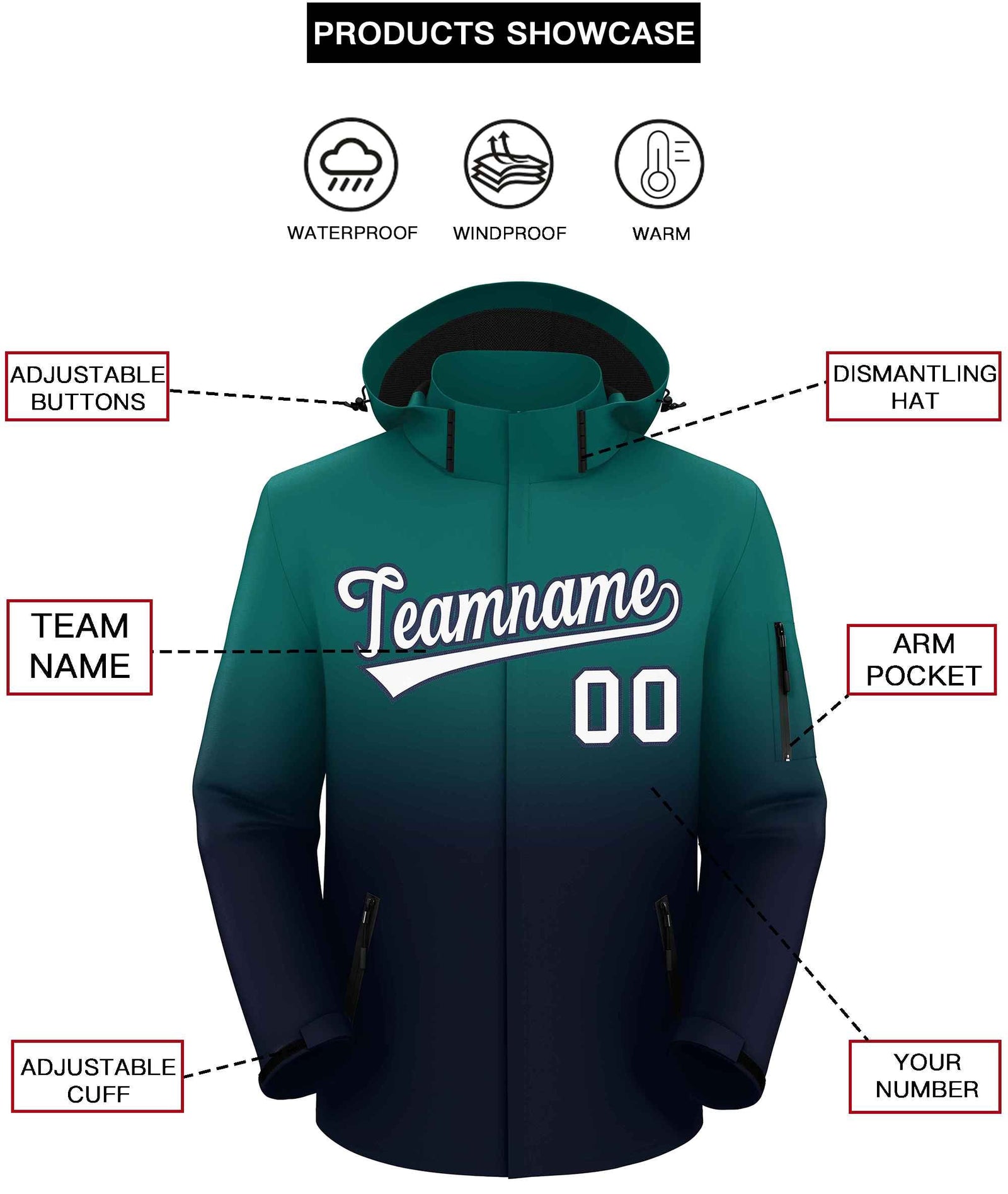 Custom Aqua Navy Gradient Fashion Outdoor Hooded Waterproof Jacket