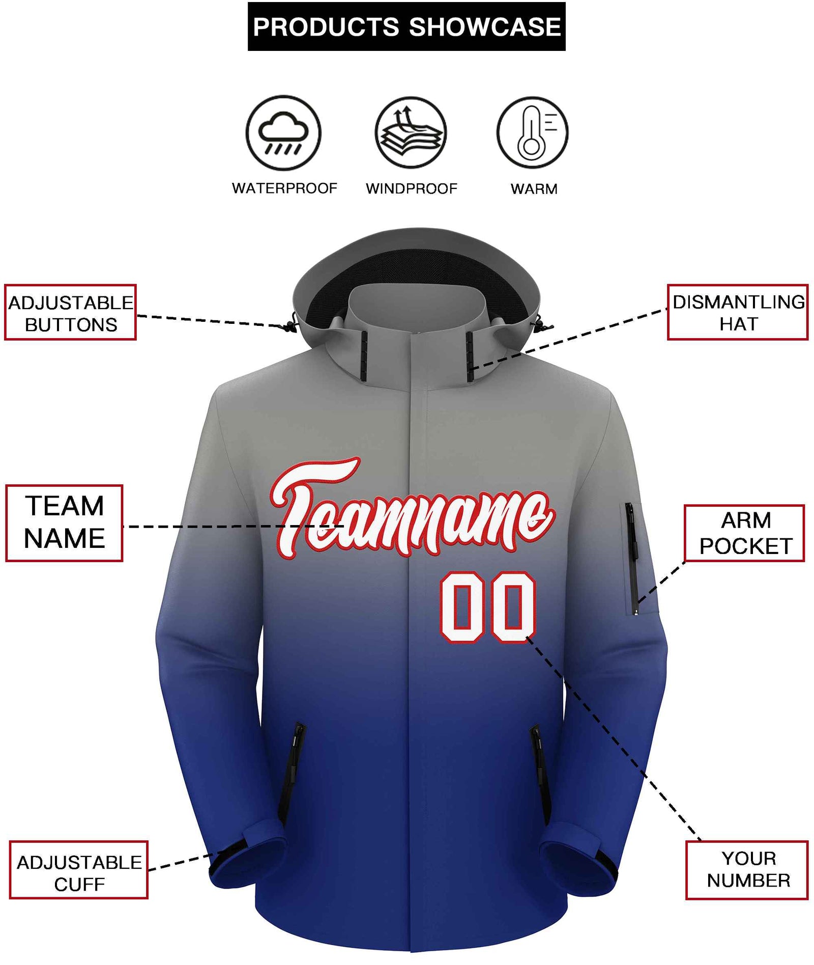 Custom Gray Royal Gradient Fashion Outdoor Hooded Waterproof Jacket