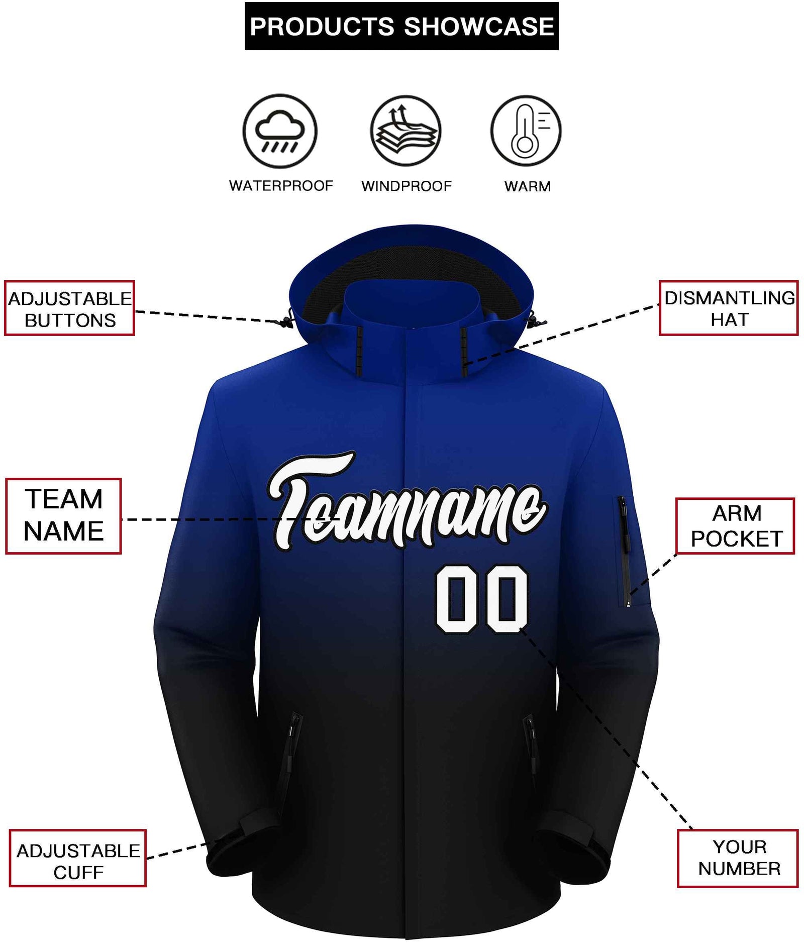 Custom Royal Black Gradient Fashion Outdoor Hooded Waterproof Jacket