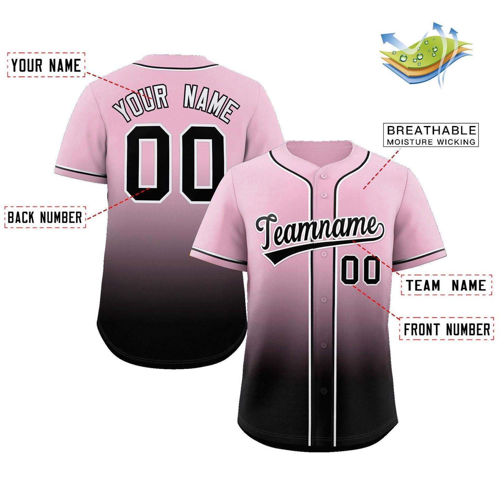 pink and black gradient baseball jersey