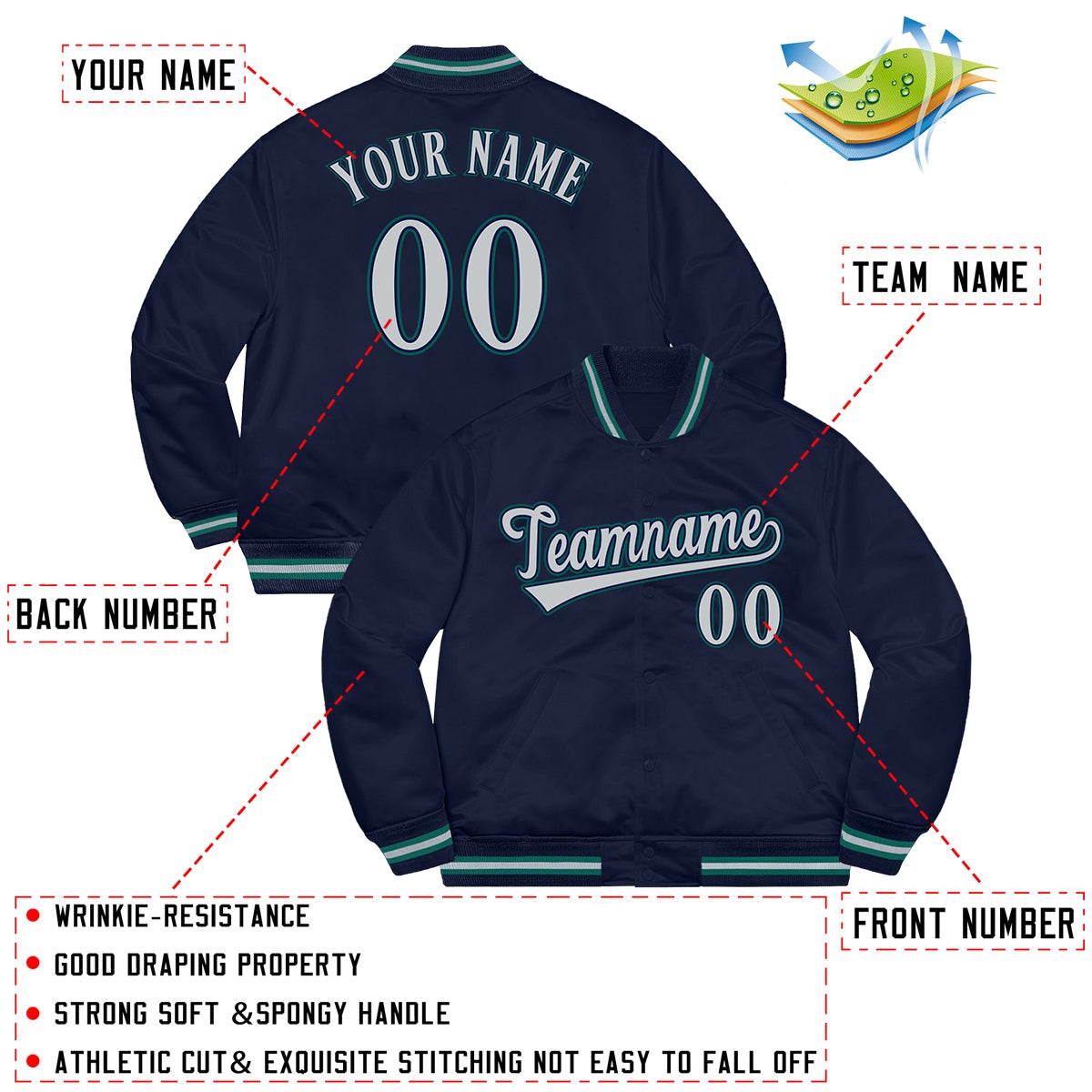 Custom Navy Gray-Aqua Letterman Solider Classic Style Varsity Full-Snap Jacket