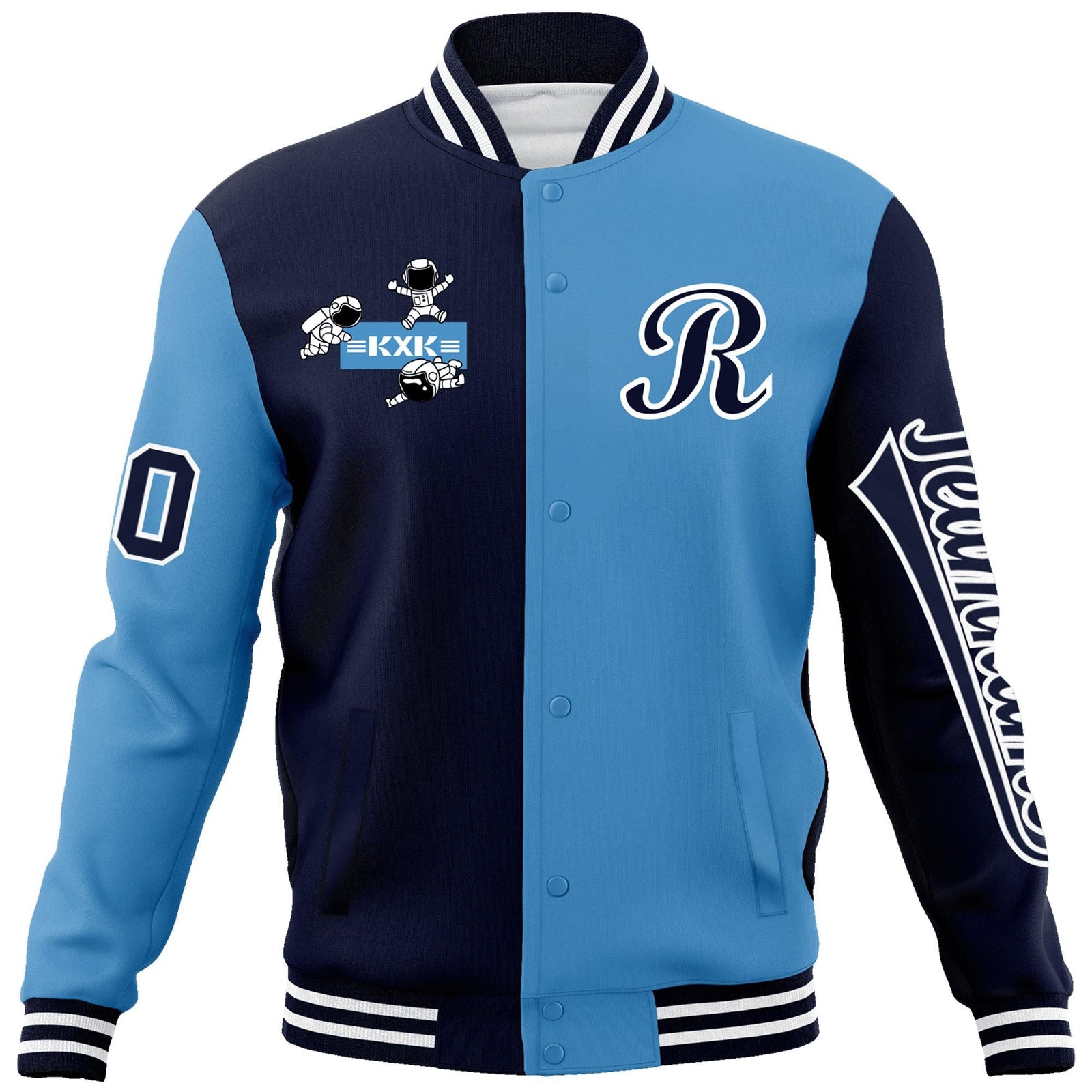 Custom Navy Light Blue Two Tone Split Fashion Varsity Letterman Jacket with Raglan Sleeves