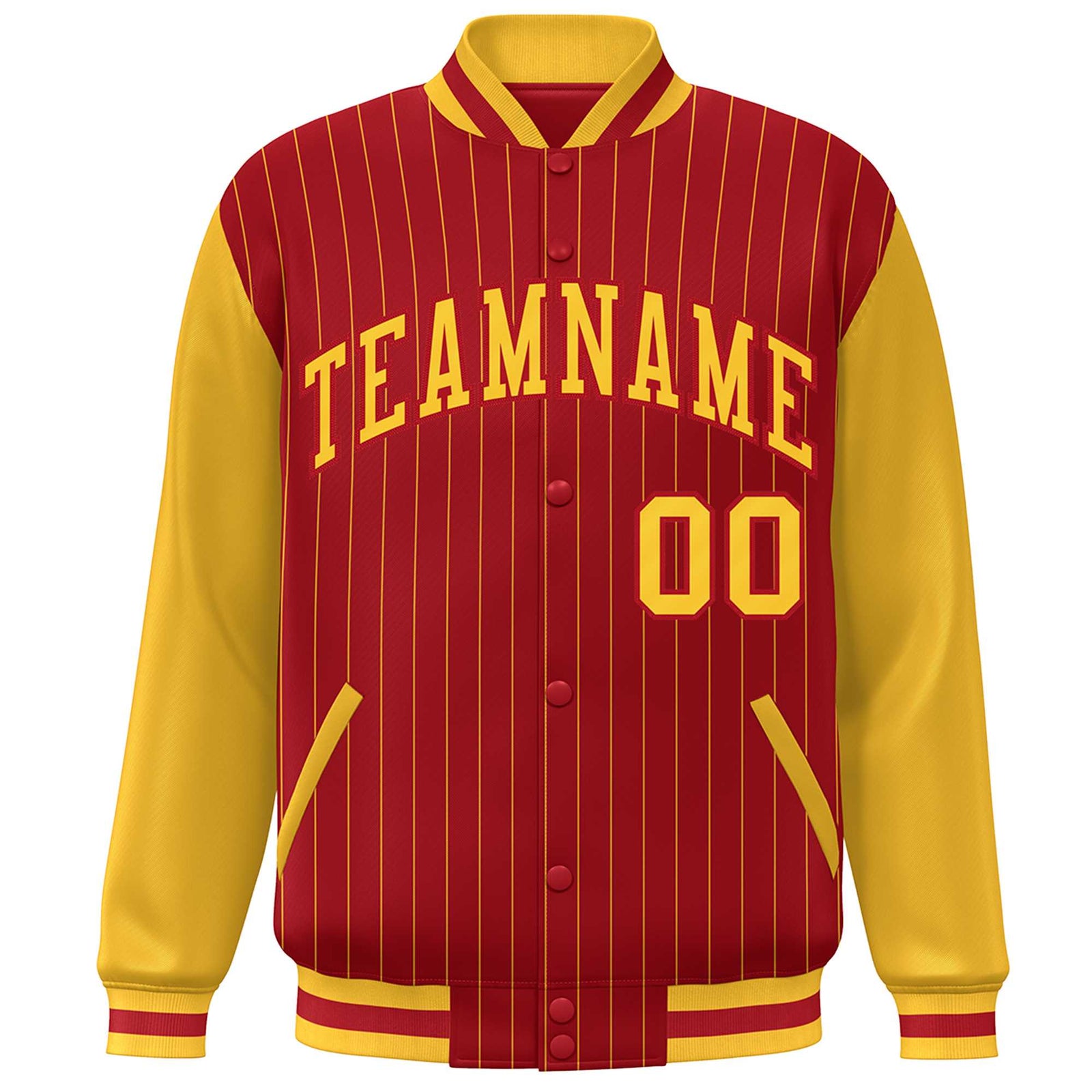 Custom Red Gold Stripe Fashion Bomber Varsity Jacket with Raglan Sleeves