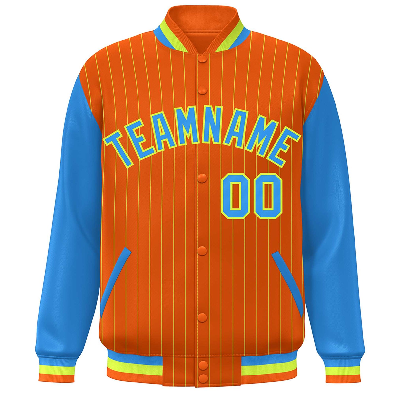 Custom Orange Powder Blue-Neon Green Stripe Fashion Bomber Varsity Jacket with Raglan Sleeves