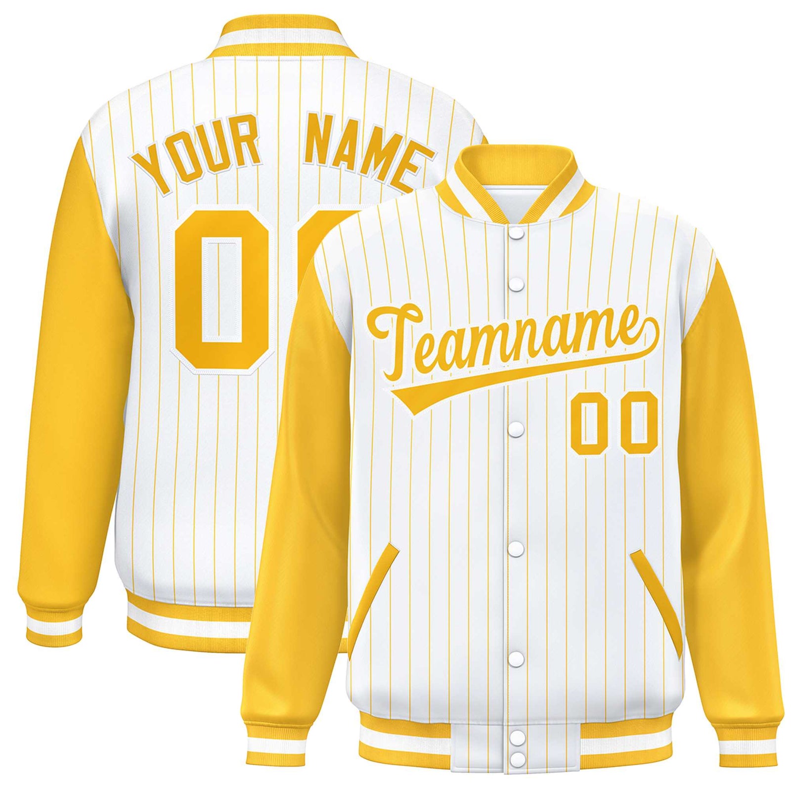 Custom White Gold Stripe Fashion Bomber Varsity Jacket with Raglan Sleeves