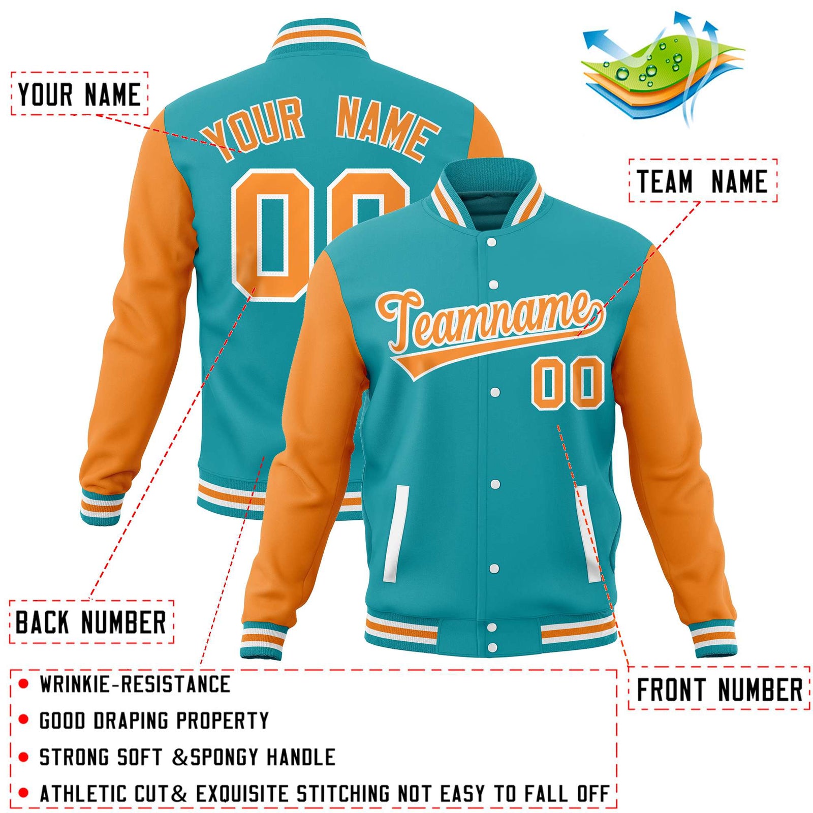 Custom Aqua Orange Varsity Full-Snap Raglan Sleeves Letterman Baseball Jacket