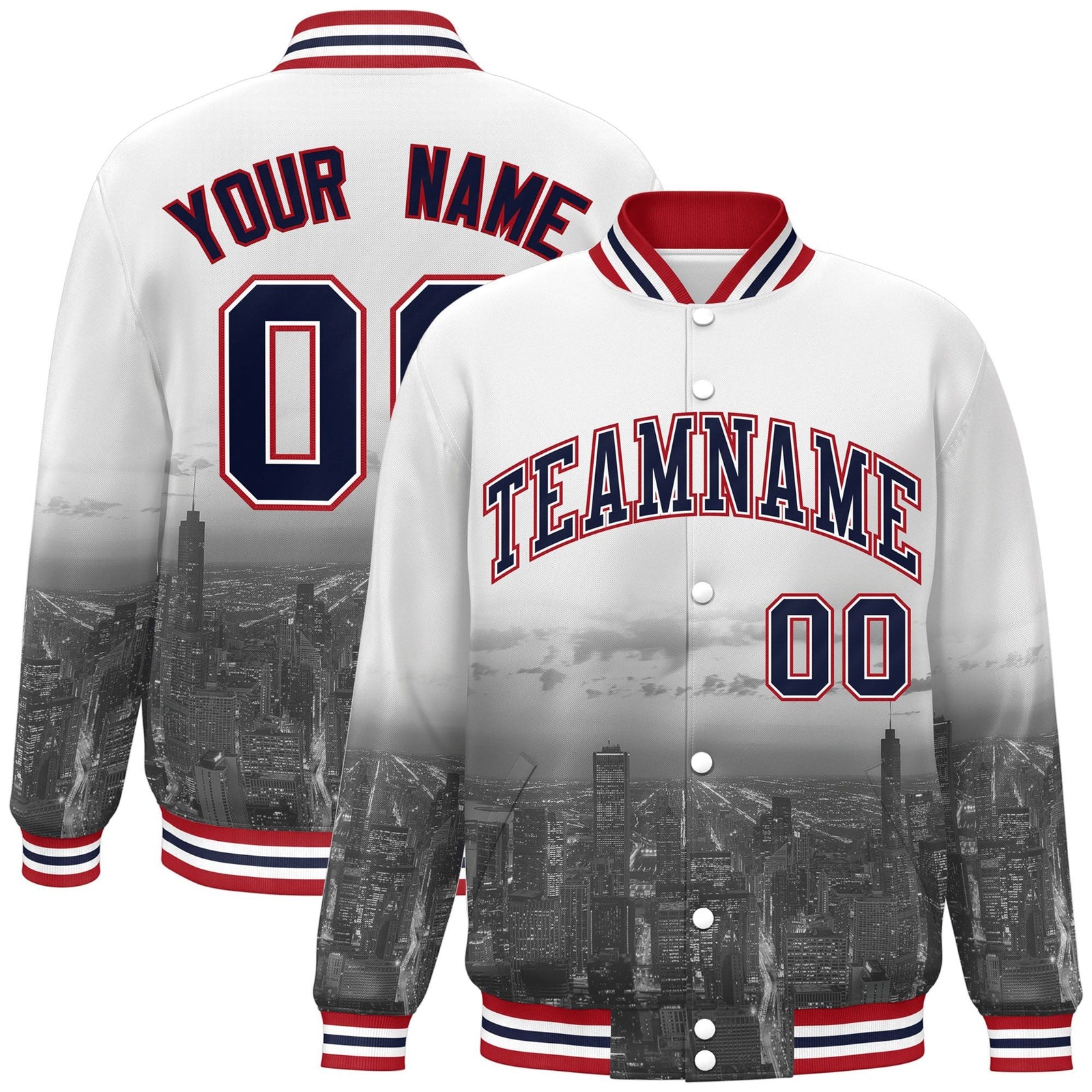 Custom White Navy-Red Chicago City Connect Track Varsity Full-Snap Jacket