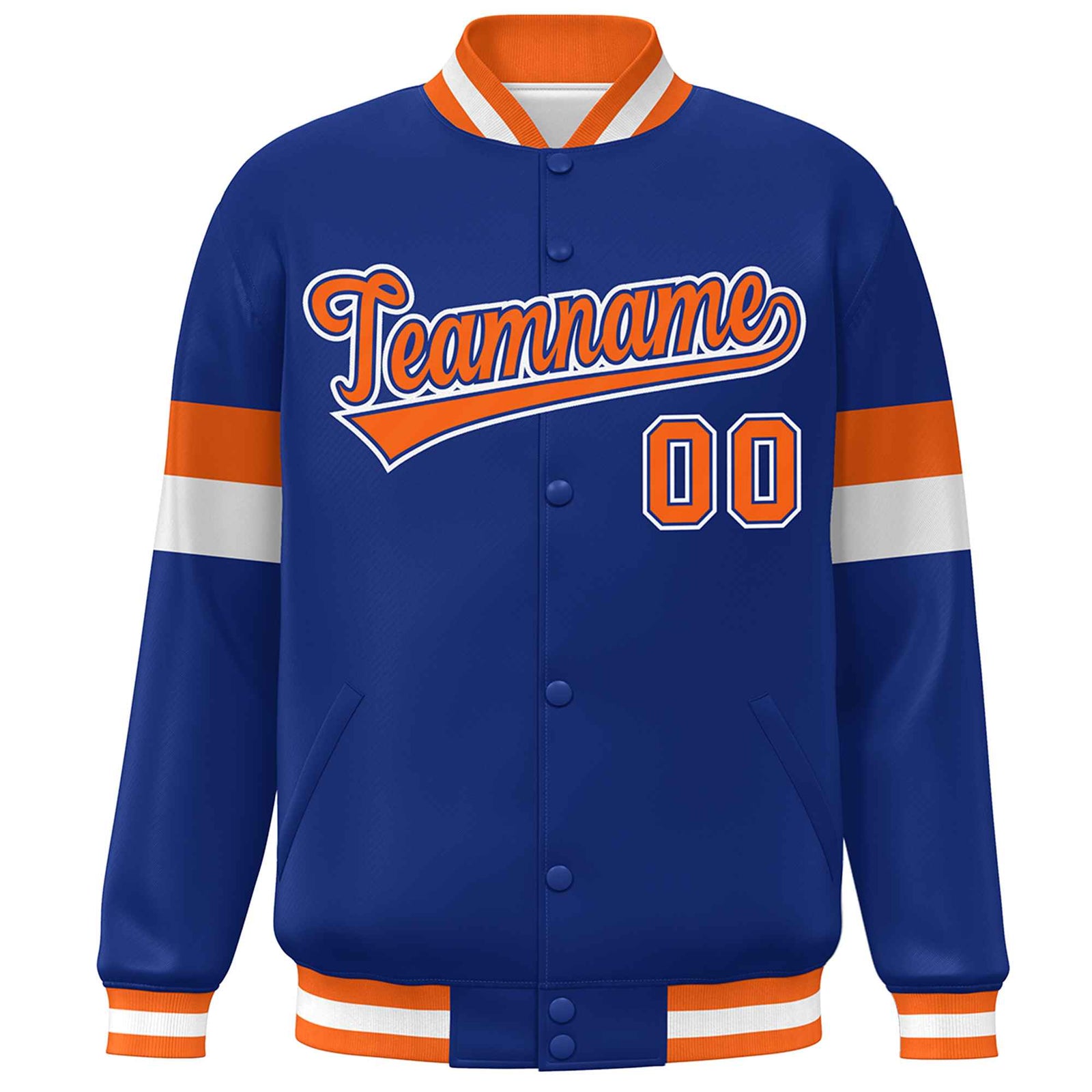 Custom Royal Orange-White Color Block Bomber Varsity Full-Snap Baseball Jacket