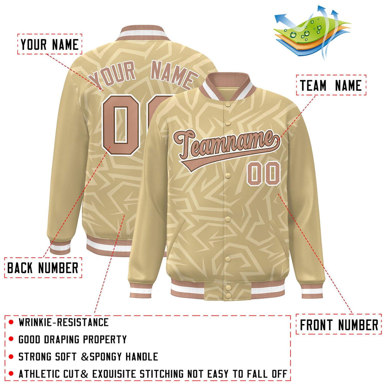 Custom Khaki Brown-White Stripe Graffiti Pattern Varsity Full-Snap Jacket
