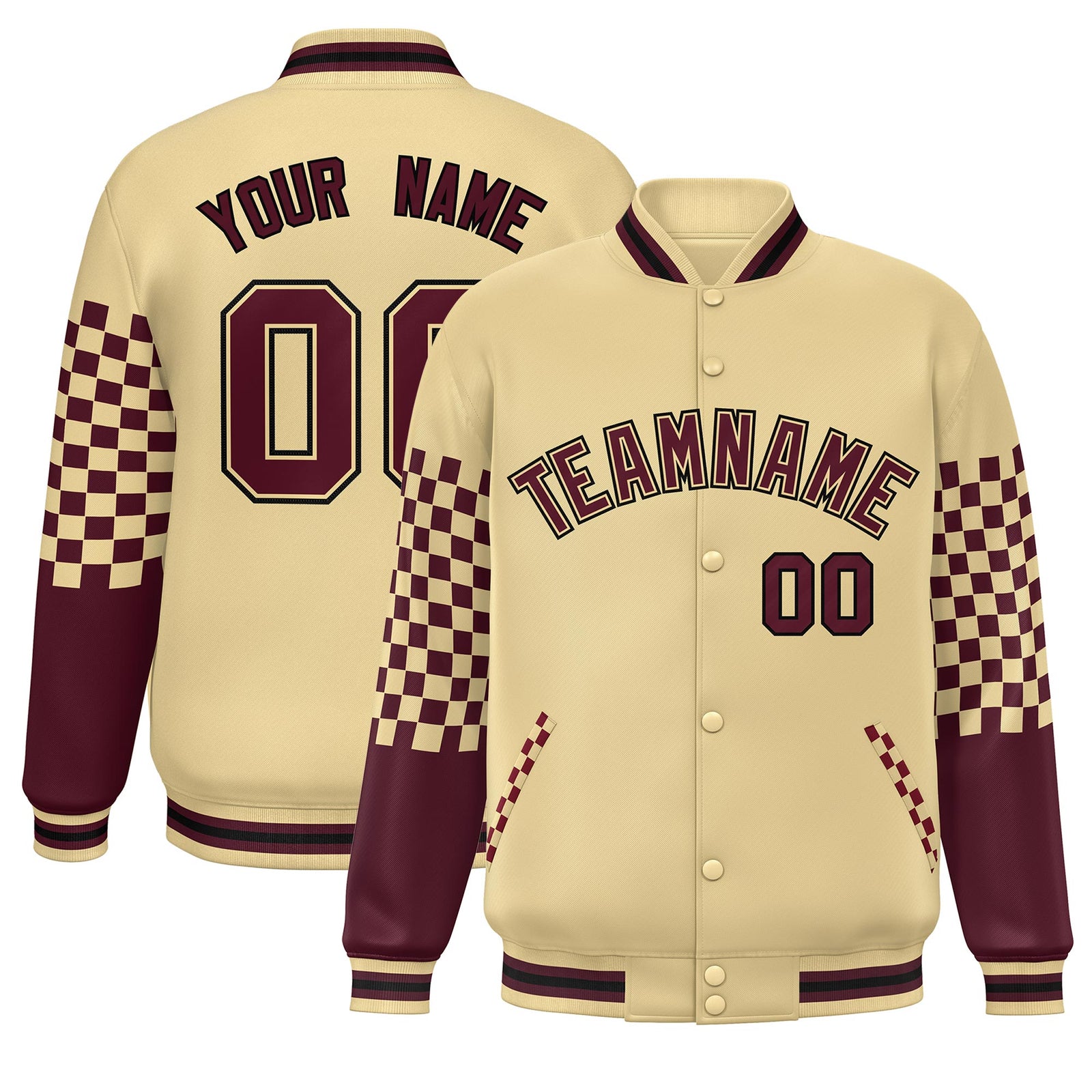 Custom Khaki Crimson-Black Checkered Pattern Color Block Bomber Varsity Jacket