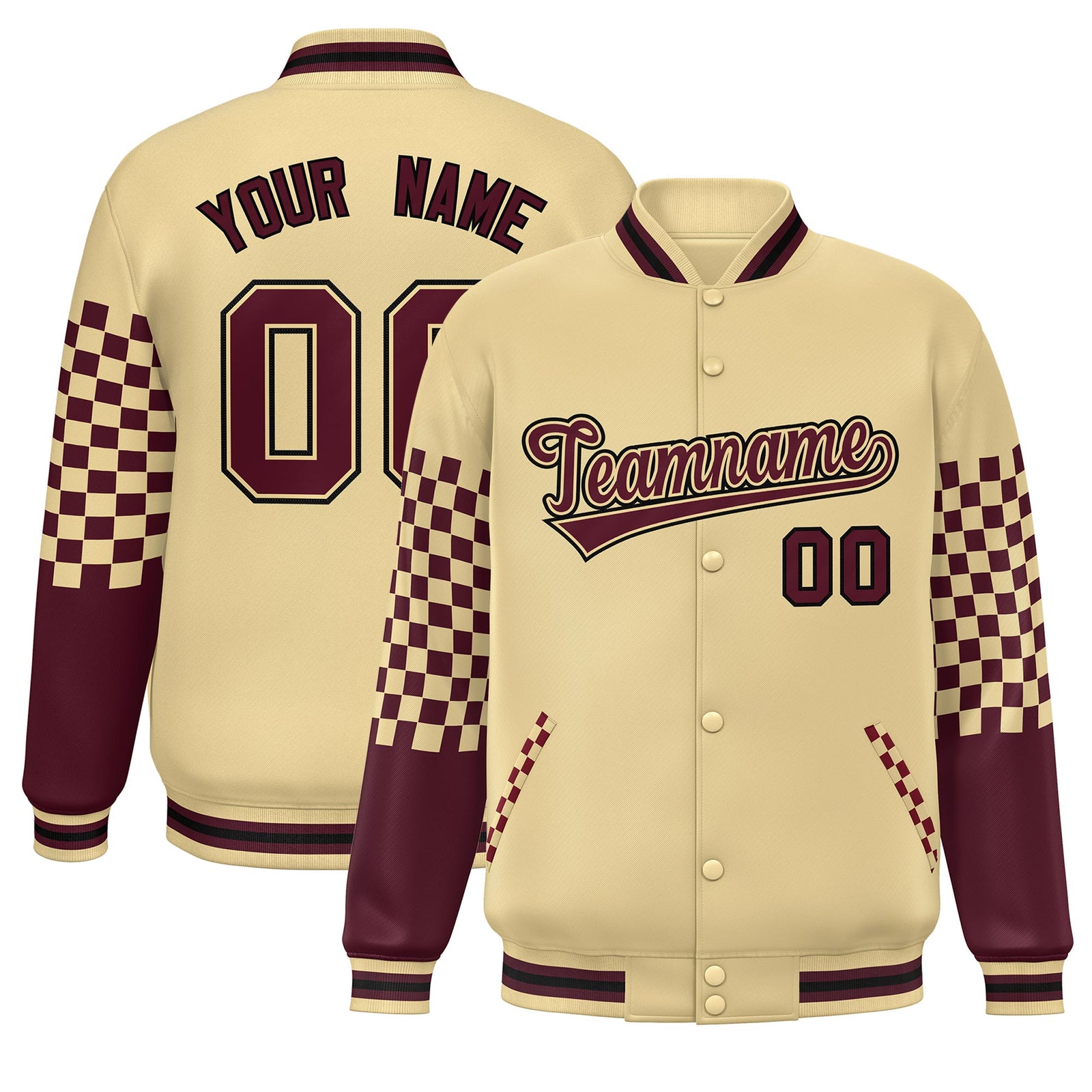 Custom Khaki Crimson-Black Checkered Pattern Color Block Bomber Varsity Jacket