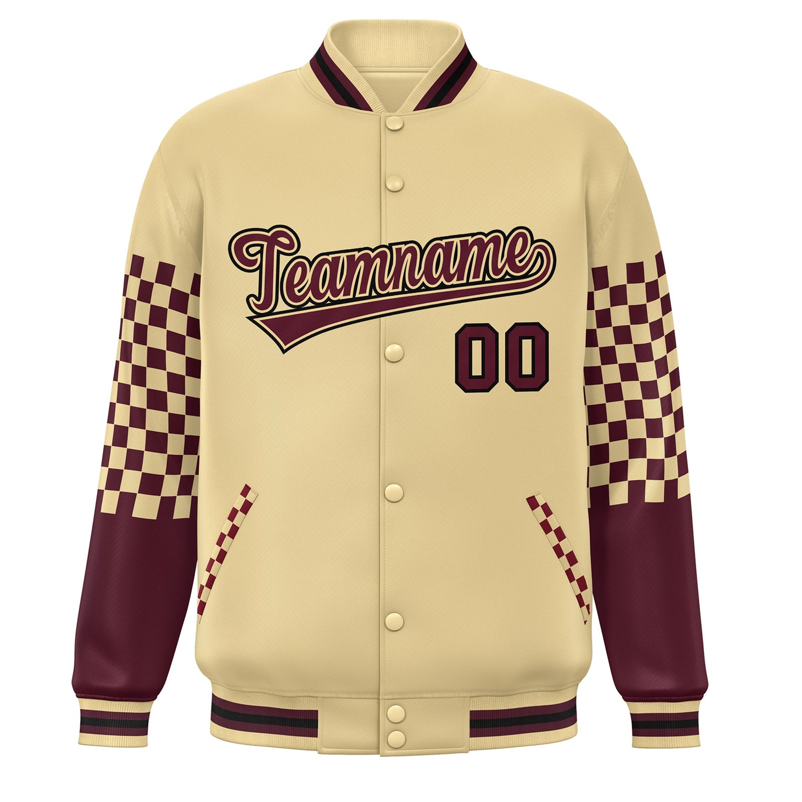 Custom Khaki Crimson-Black Checkered Pattern Color Block Bomber Varsity Jacket