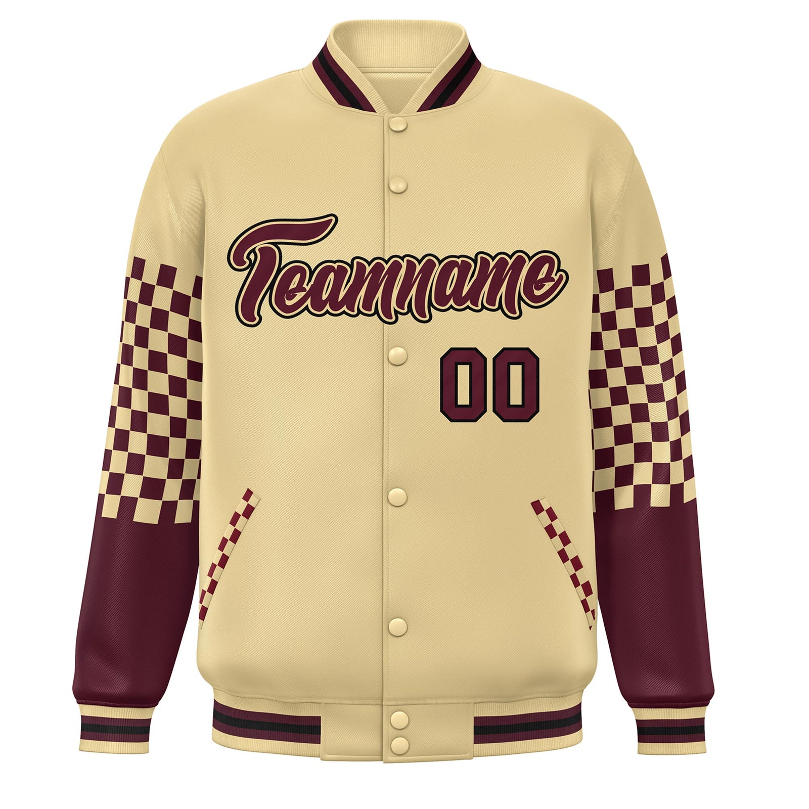 Custom Khaki Crimson-Black Checkered Pattern Color Block Bomber Varsity Jacket