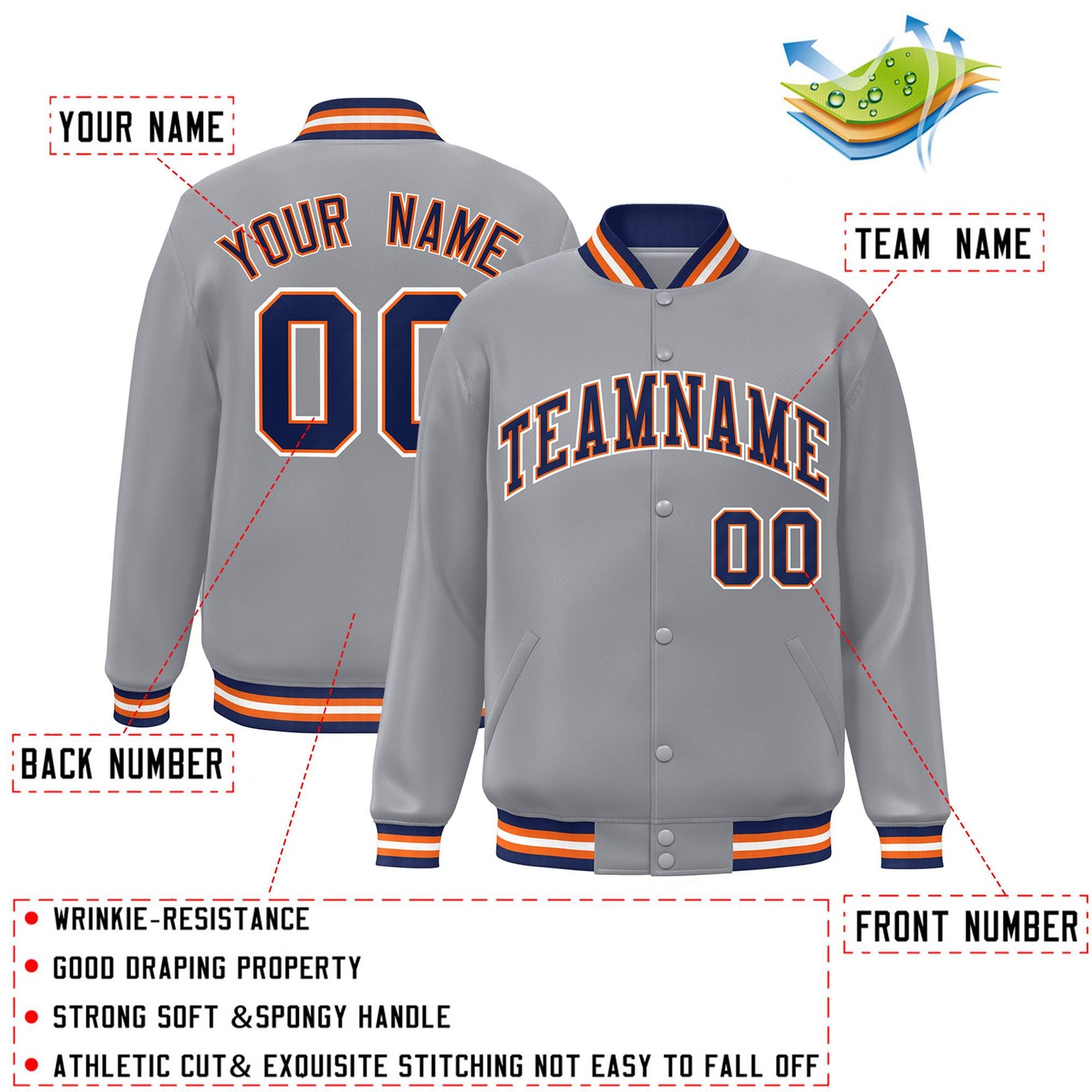 Custom Gray Navy-White Letterman Classic Style Varsity Full-Snap Bomber Jacket