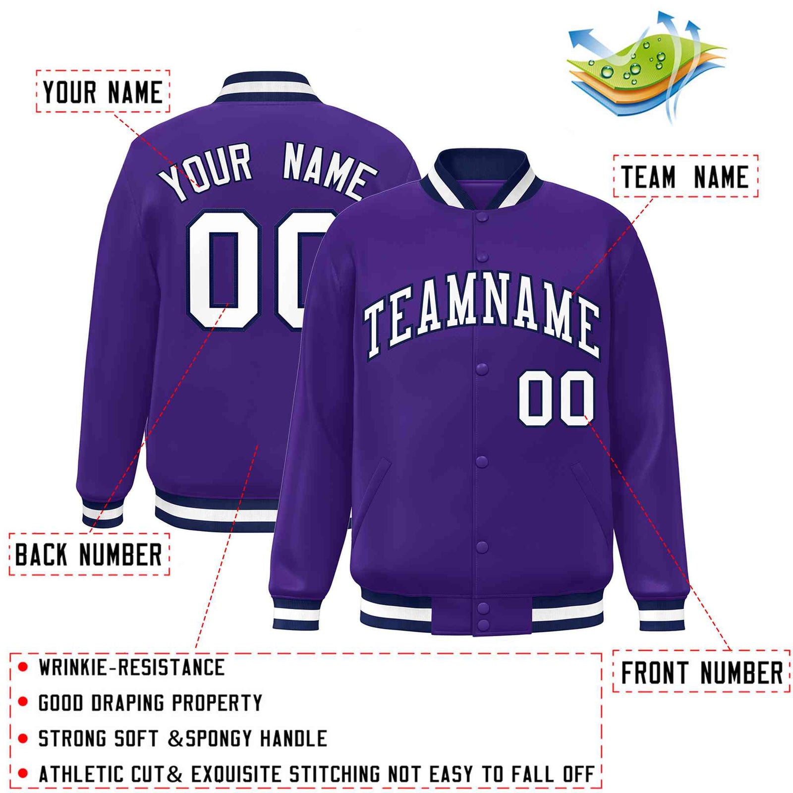 Custom Purple White-Navy Classic Style Varsity Full-Snap Letterman Jacket