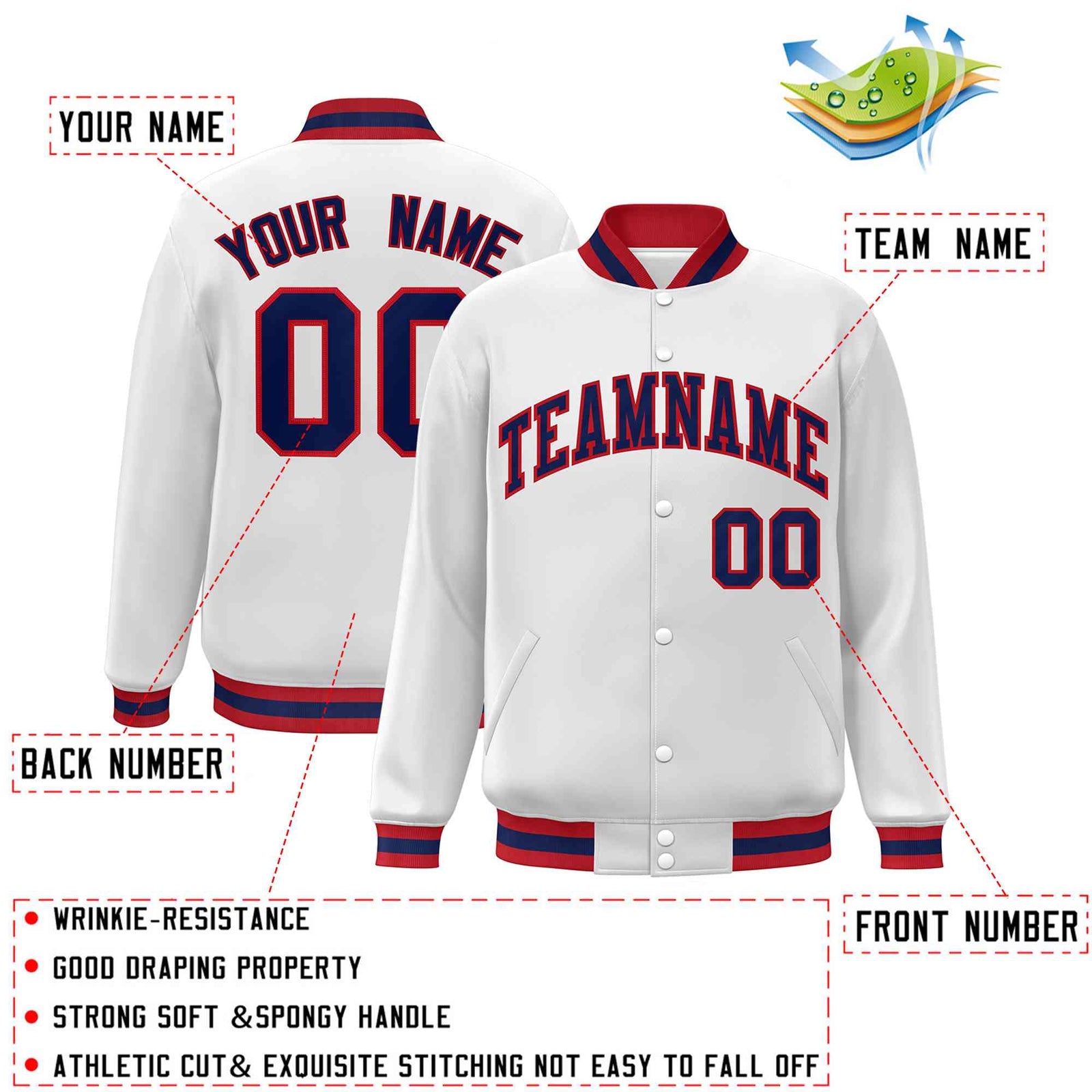 Custom White Navy-Red Classic Style Varsity Full-Snap Letterman Jacket