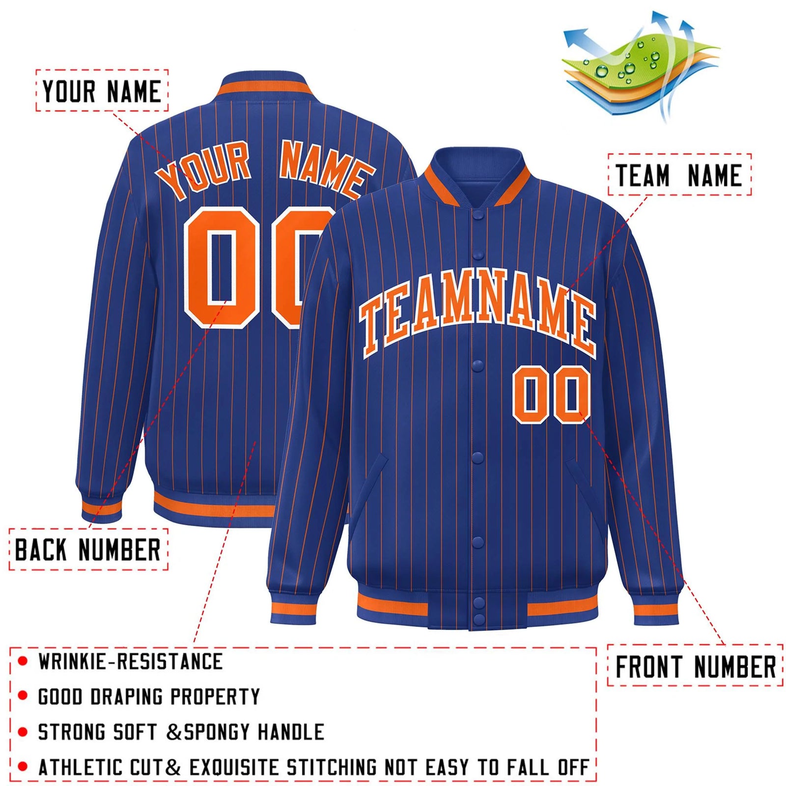 Custom Royal Orange-White Stripe Fashion Letterman Bomber Varsity Jacket