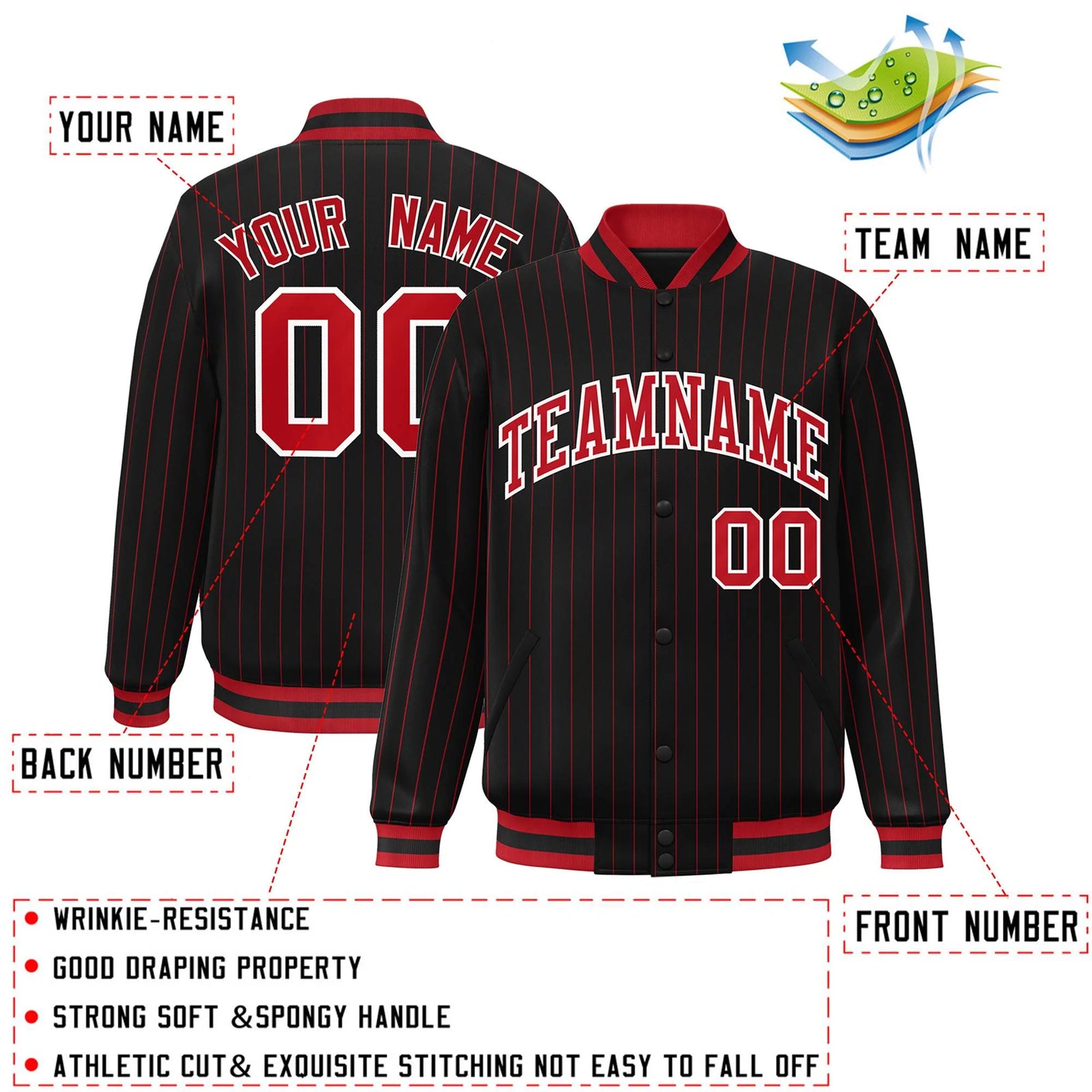 Custom Black Red-White Stripe Fashion Letterman Bomber Varsity Jacket