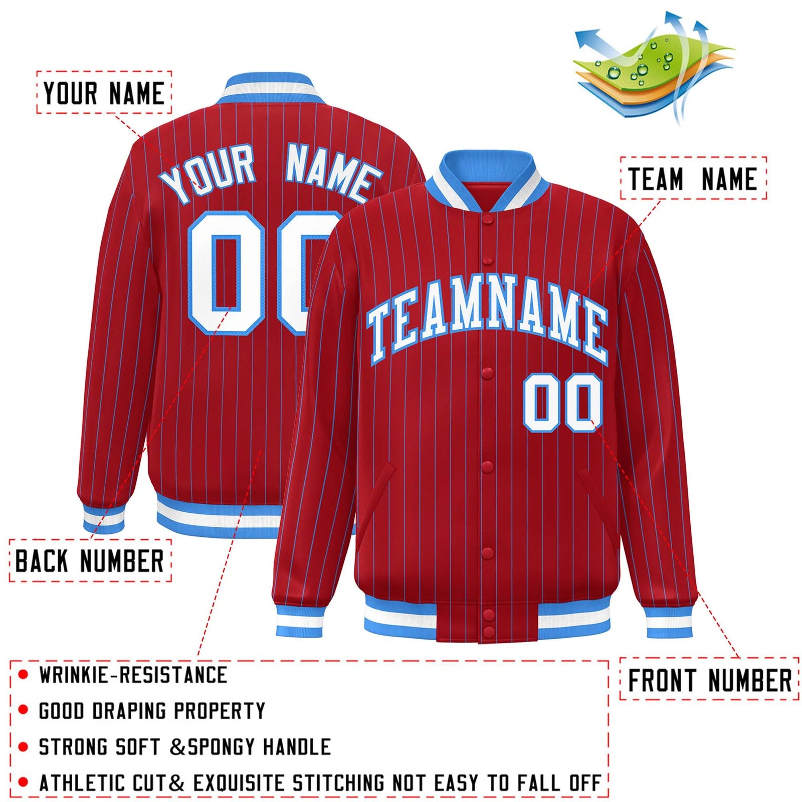 Custom Red White-Powder Blue Stripe Fashion Letterman Bomber Varsity Jacket