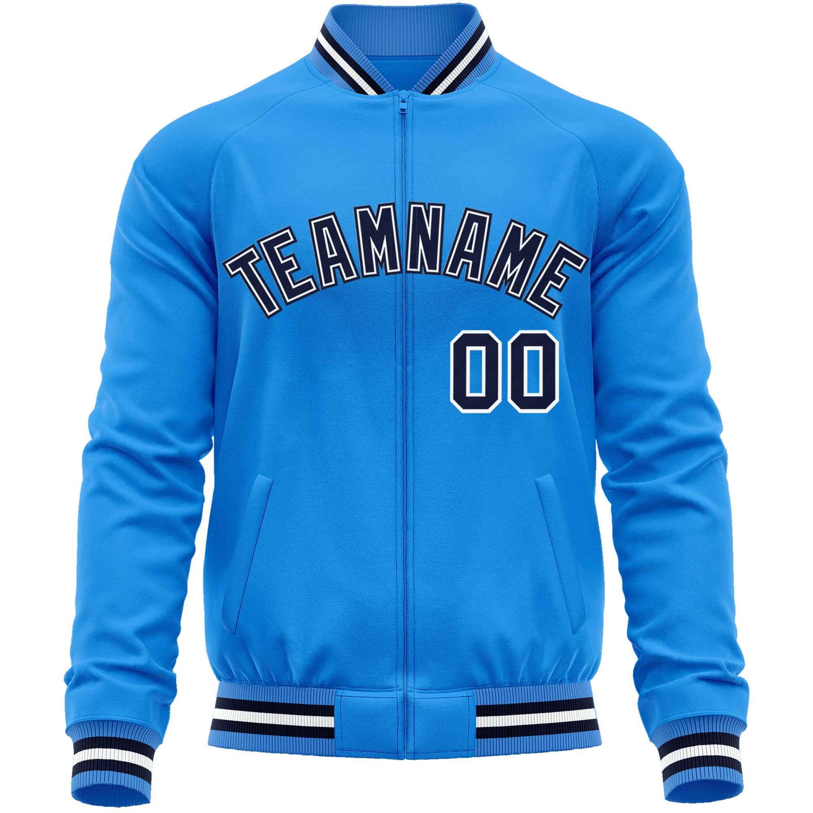 Custom Powder Blue Navy Classic Style Varsity Full-Zip Letterman Baseball Jacket