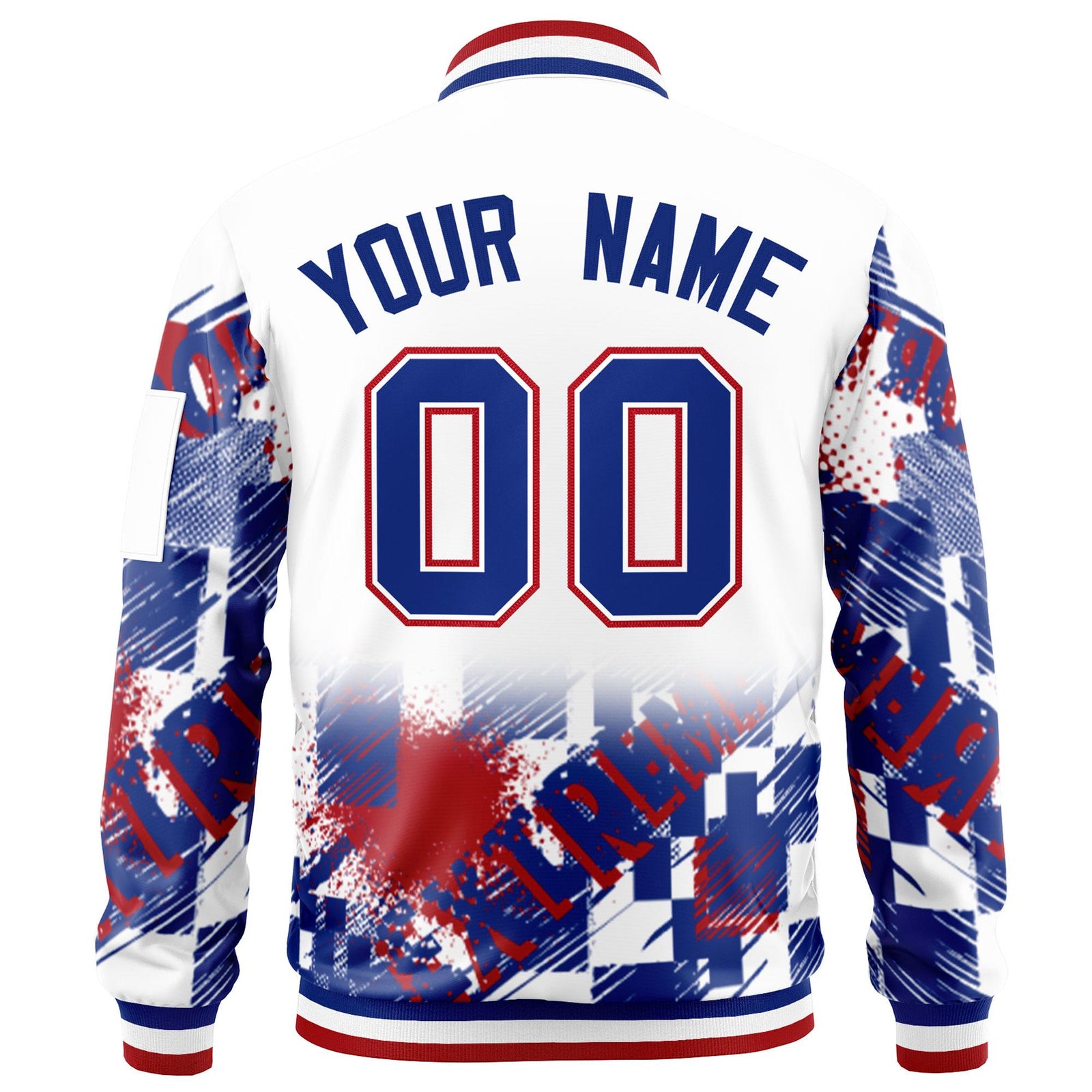 Custom White Royal-Red Varsity Full-Zip Street Graffiti Pattern Letterman Jacket