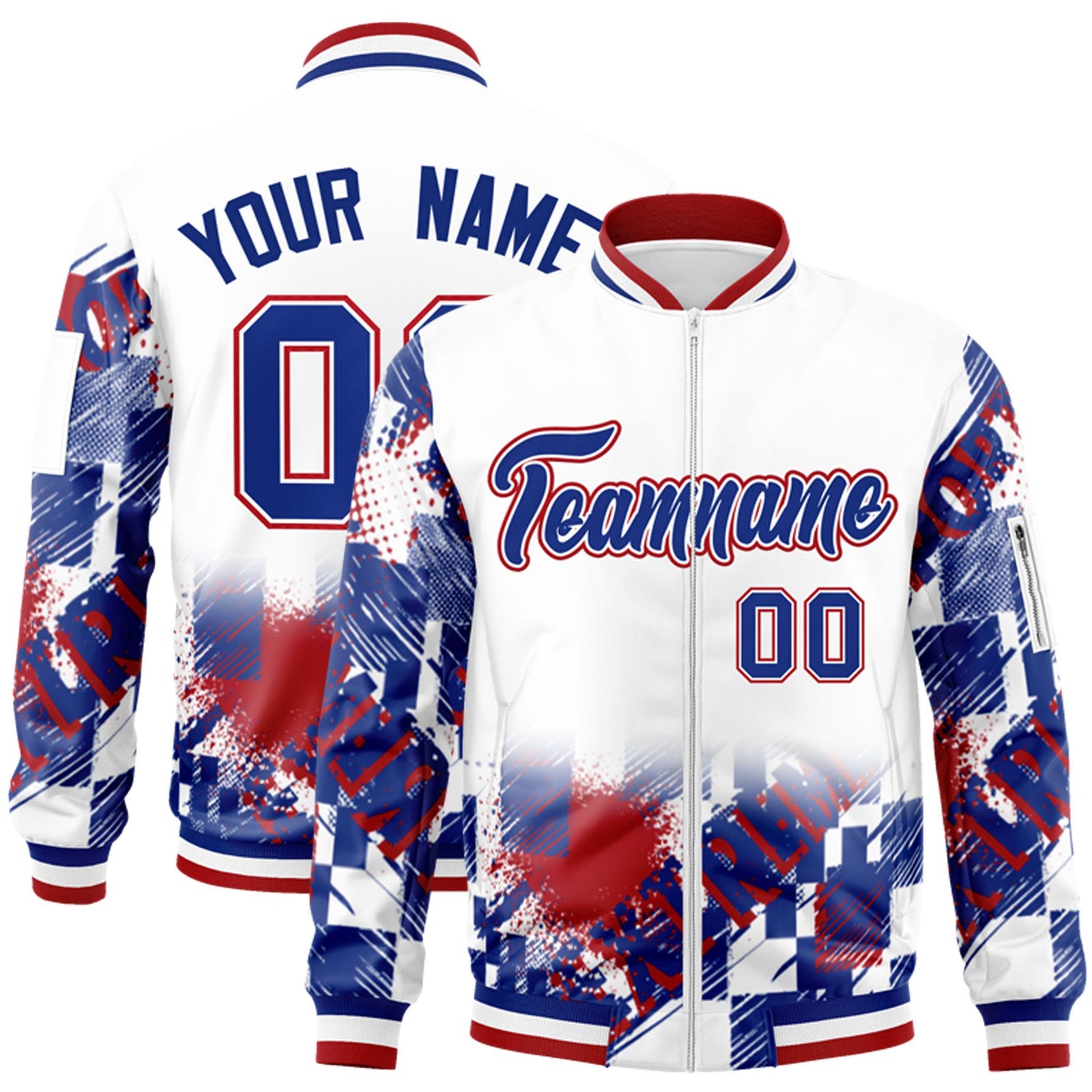 Custom White Royal-Red Varsity Full-Zip Street Graffiti Pattern Letterman Jacket