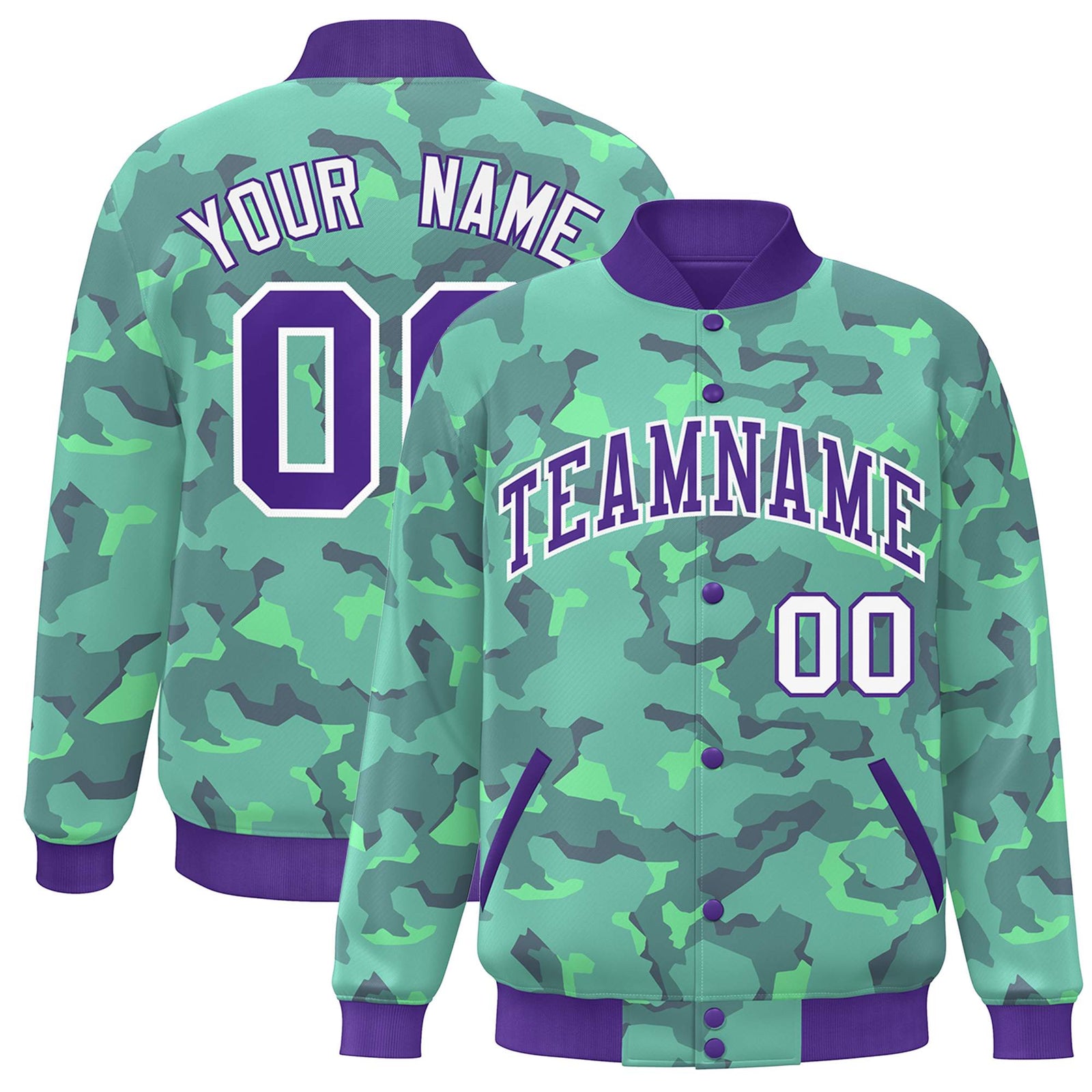 Custom Purple White Camo Varsity Full-Snap Letterman Bomber Jacket