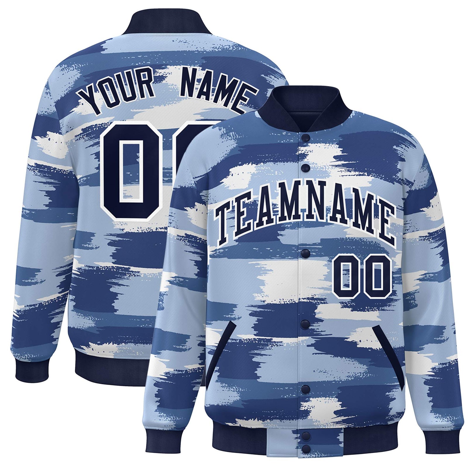 Custom Navy White Camo Varsity Full-Snap Letterman Bomber Jacket
