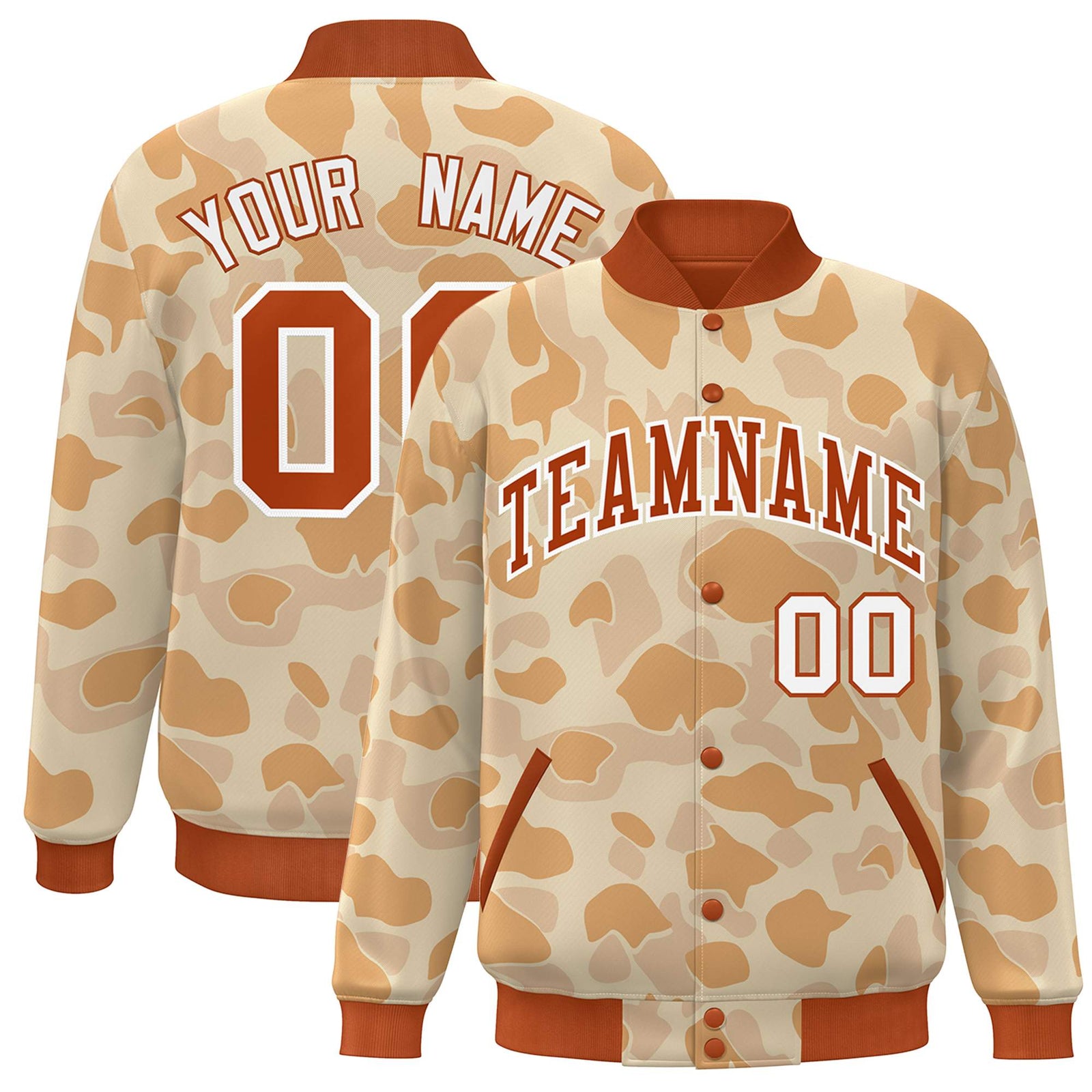Custom Orange White Camo Varsity Full-Snap Letterman Bomber Jacket