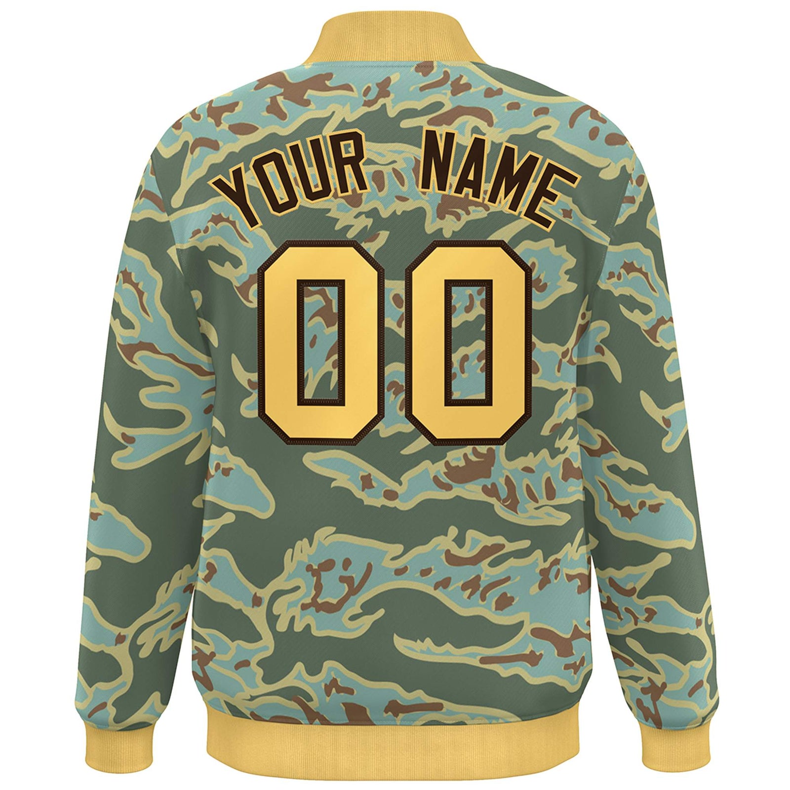 Custom Gold Brown Camo Varsity Full-Snap Letterman Bomber Jacket