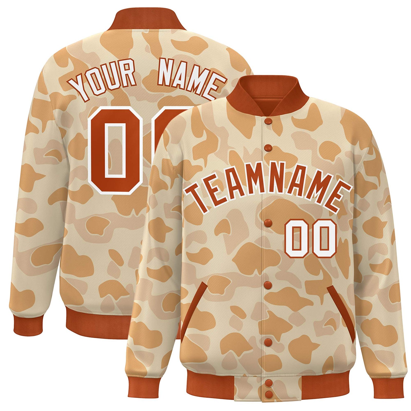 Custom Orange White Camo Varsity Full-Snap Letterman Bomber Jacket