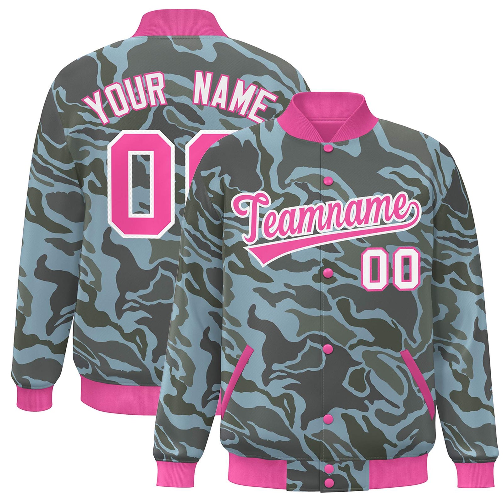Custom Pink White Camo Varsity Full-Snap Letterman Bomber Jacket
