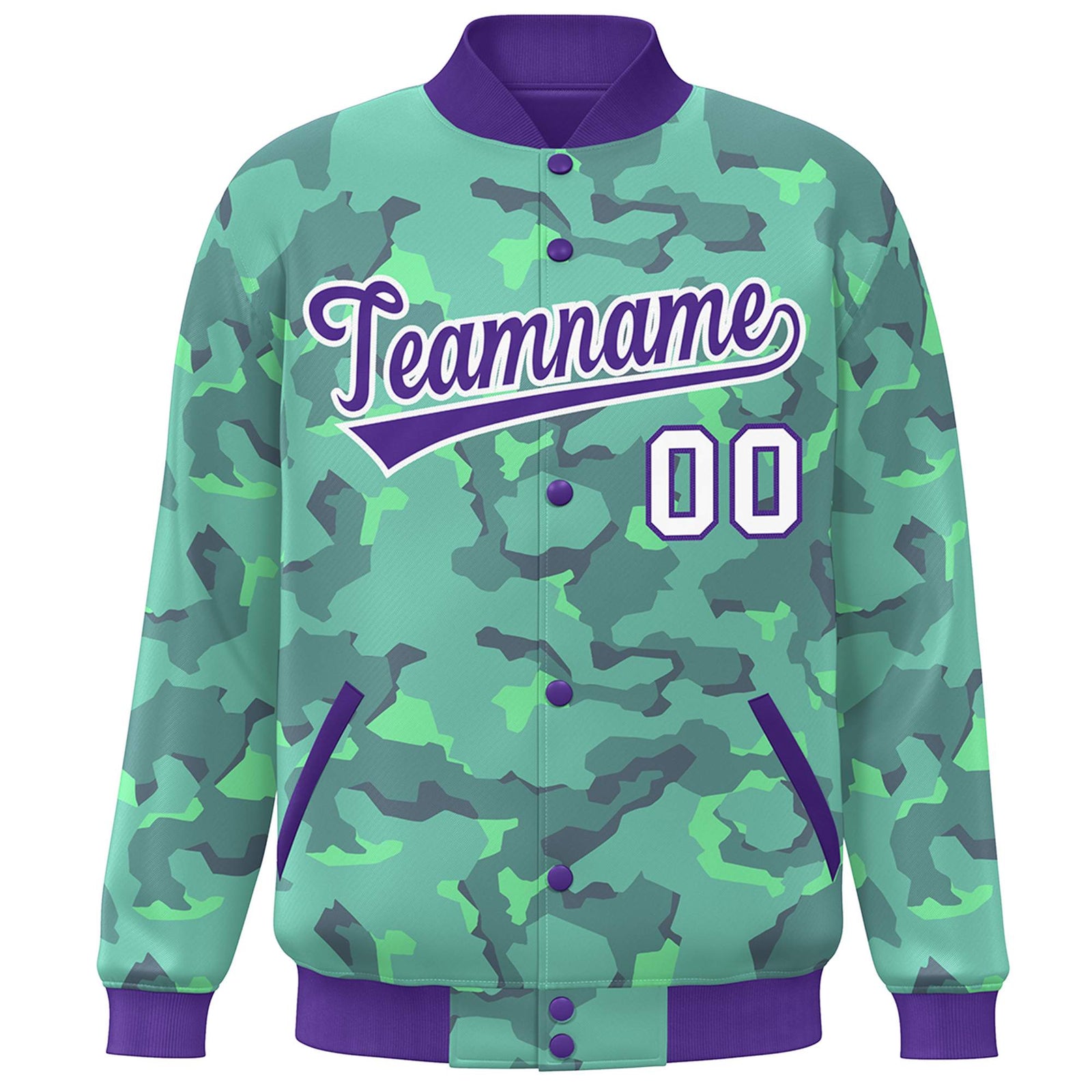 Custom Purple White Camo Varsity Full-Snap Letterman Bomber Jacket