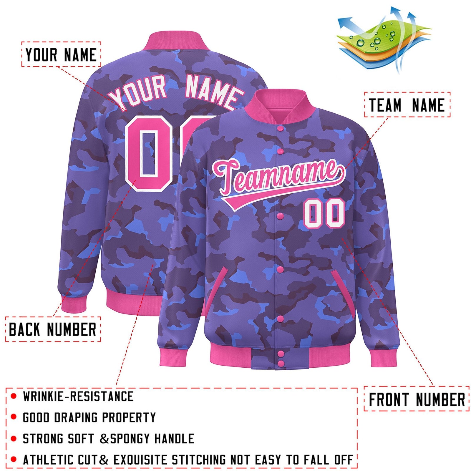 Custom Pink White Camo Varsity Full-Snap Letterman Bomber Jacket