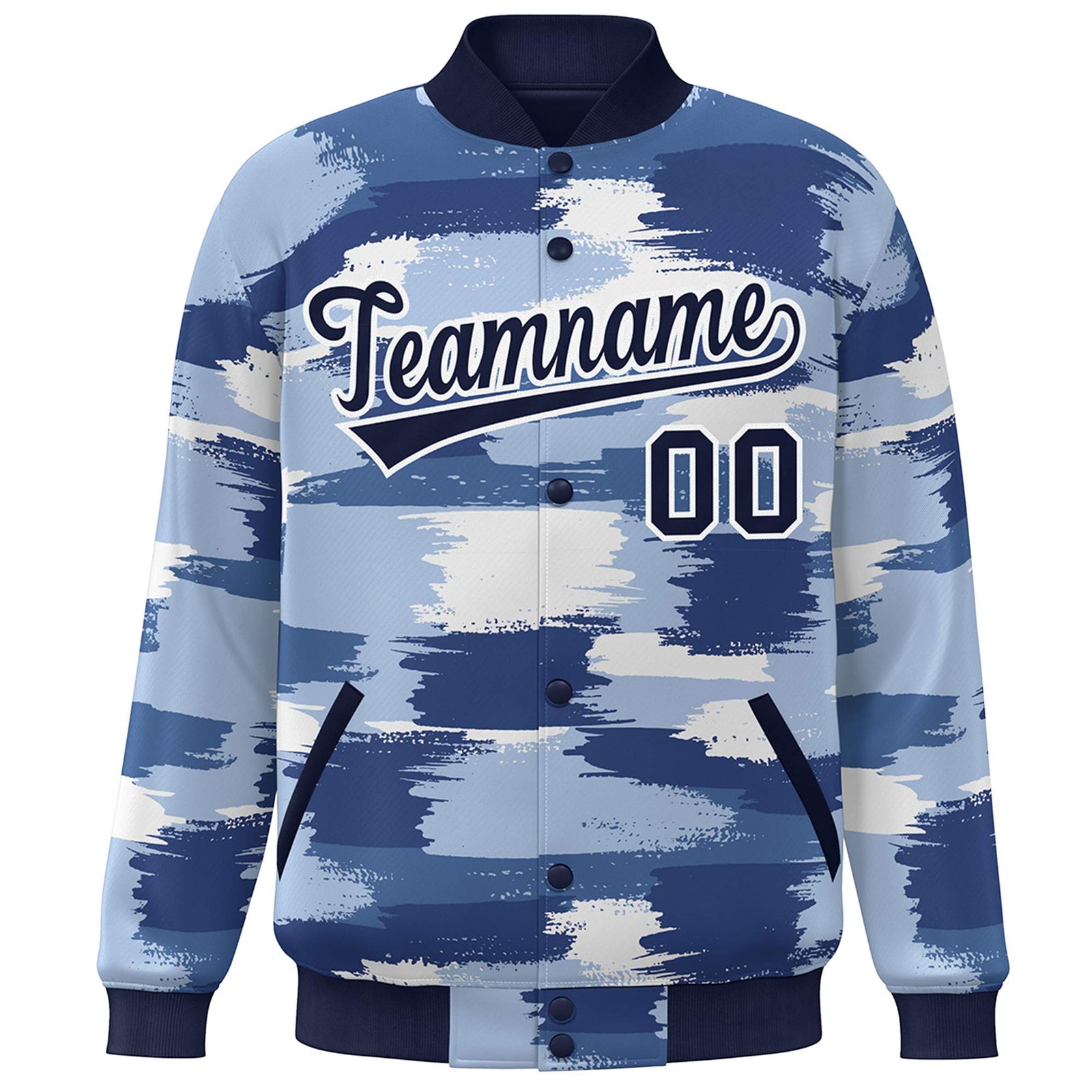 Custom Navy White Camo Varsity Full-Snap Letterman Bomber Jacket
