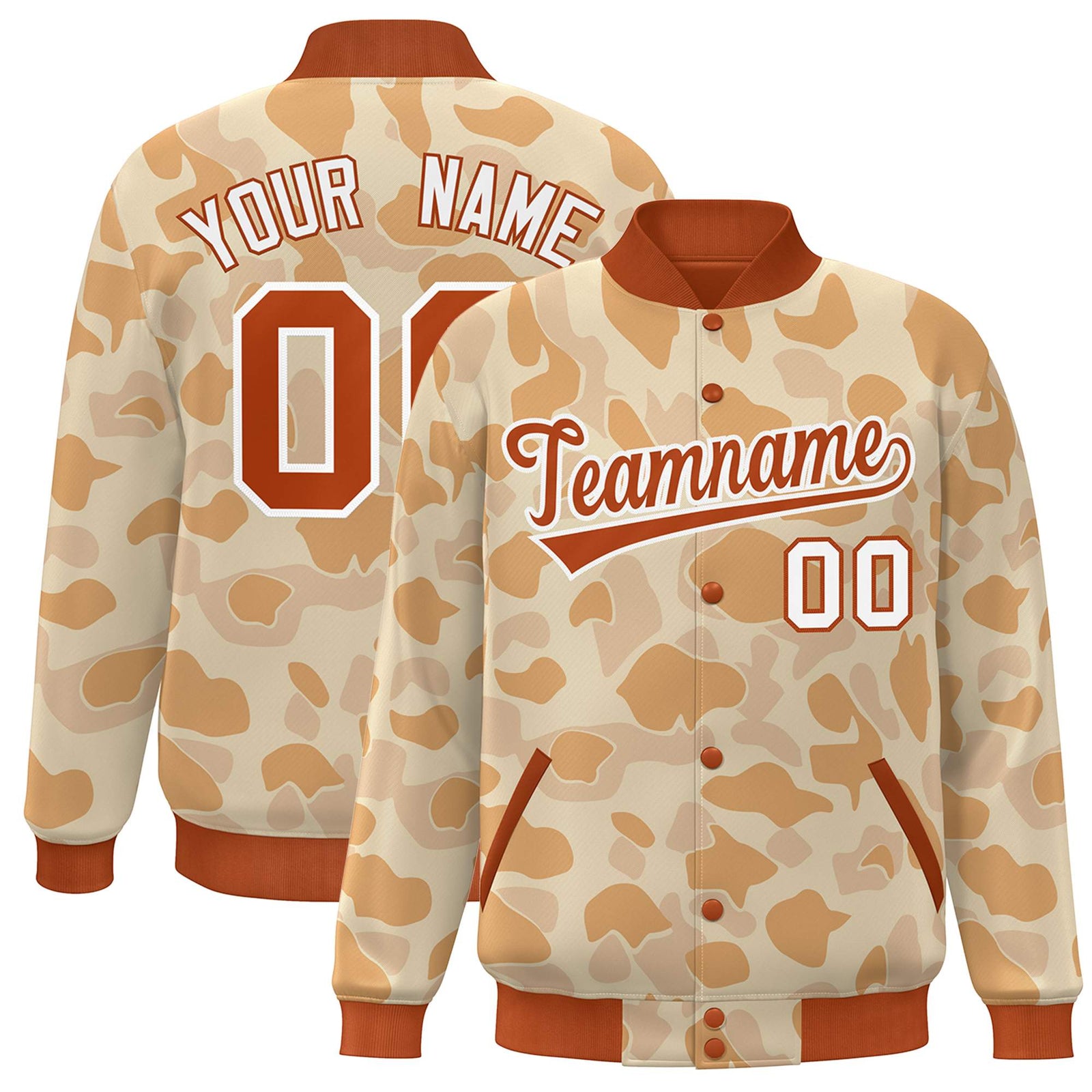 Custom Orange White Camo Varsity Full-Snap Letterman Bomber Jacket