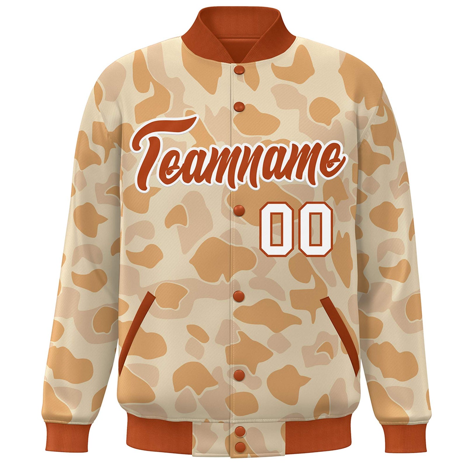 Custom Orange White Camo Varsity Full-Snap Letterman Bomber Jacket