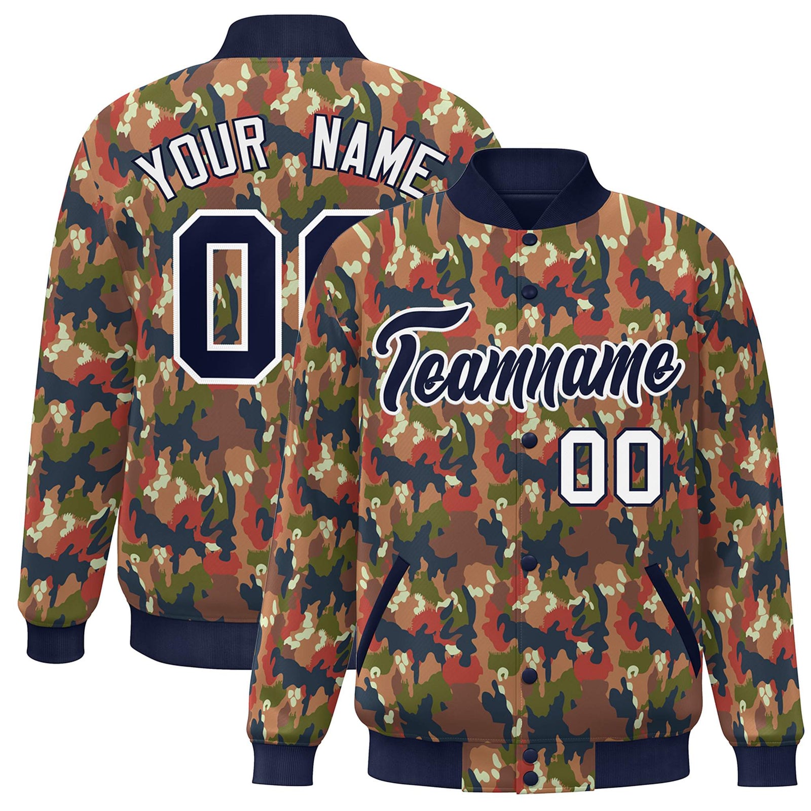 Custom Navy White Camo Varsity Full-Snap Letterman Bomber Jacket