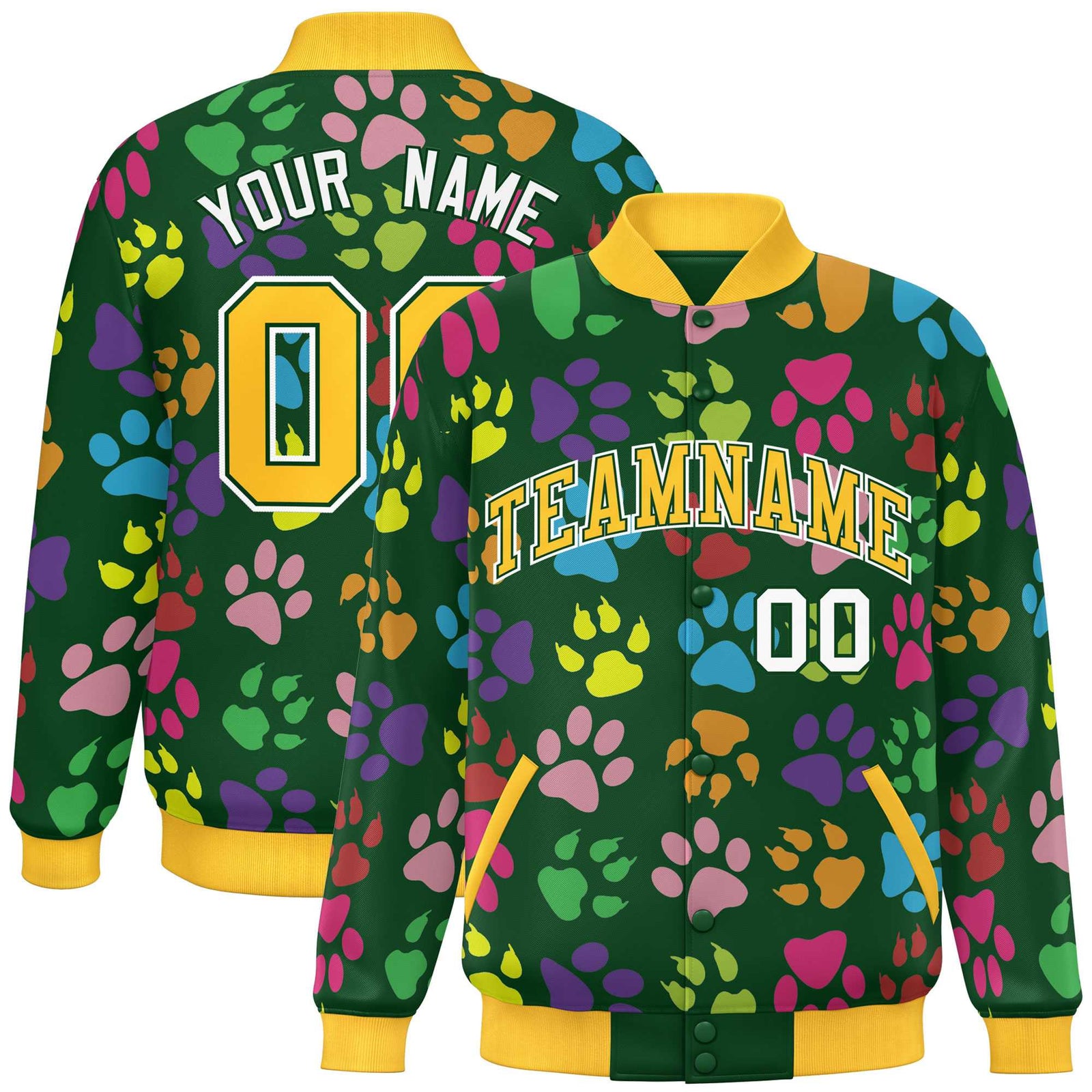 Custom Green Gold-White Varsity Pets Paw Prints Graffiti Pattern Letterman Baseball Jacket