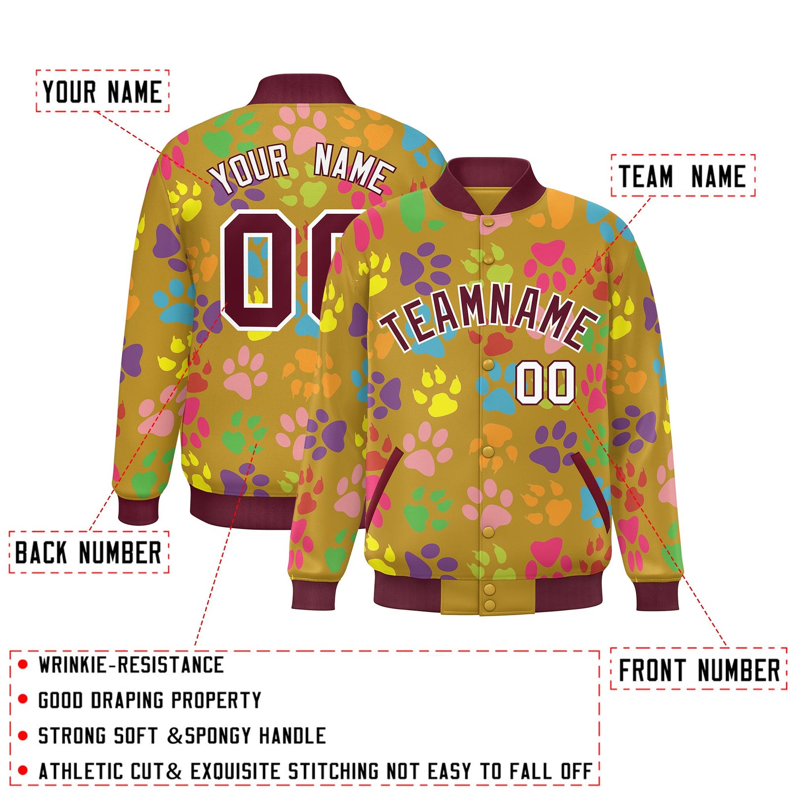 Custom Old Gold Crimson-White Varsity Pets Paw Prints Graffiti Pattern Letterman Baseball Jacket
