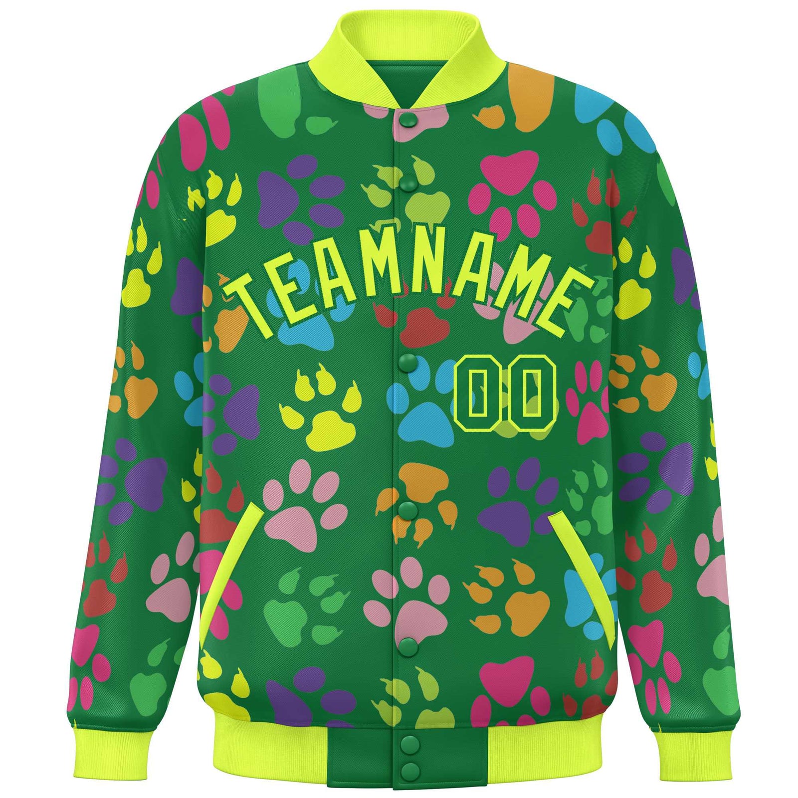 Custom Kelly Green Neon Green Varsity Pets Paw Prints Graffiti Pattern Letterman Baseball Jacket