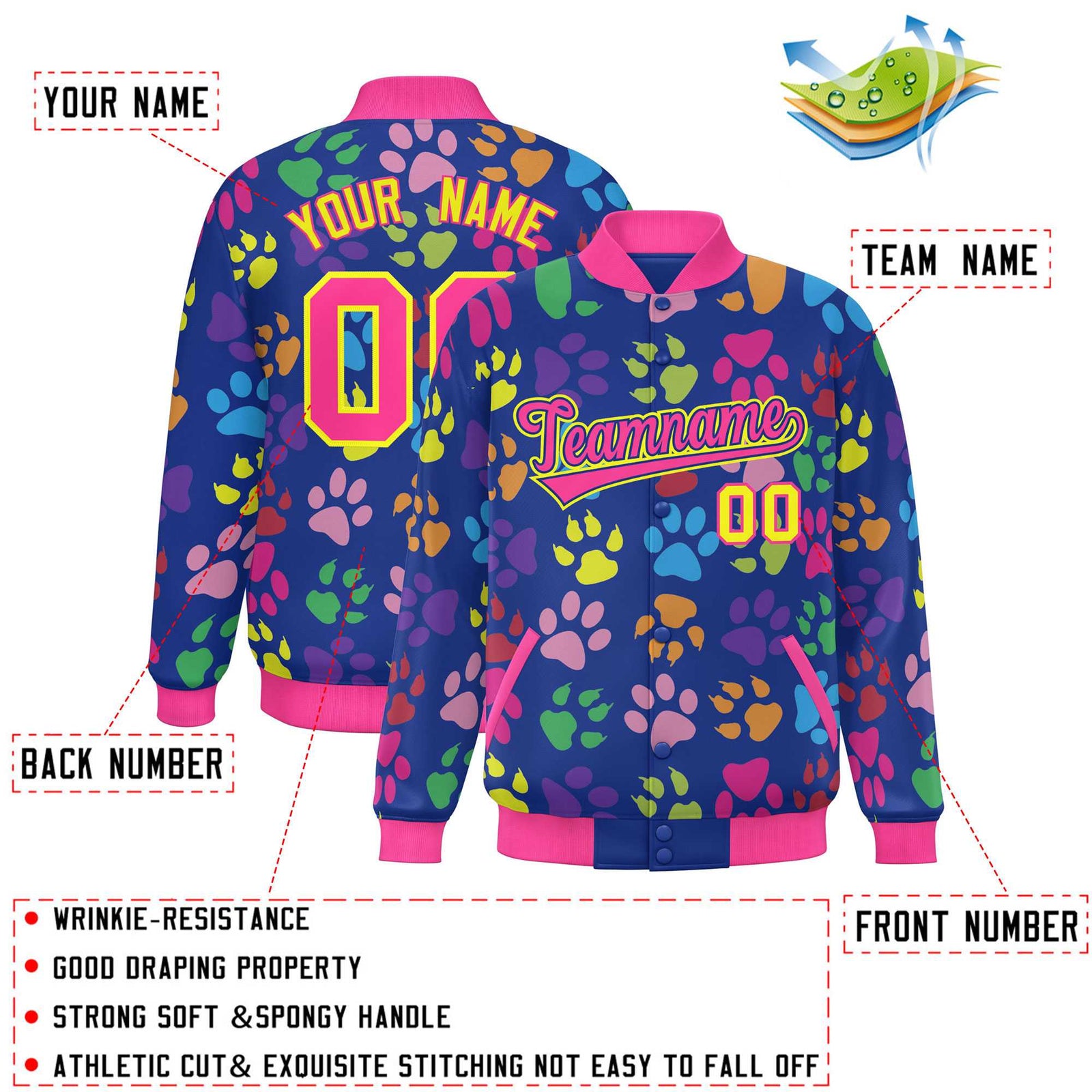 Custom Royal Pink-Yellow Varsity Pets Paw Prints Graffiti Pattern Letterman Baseball Jacket