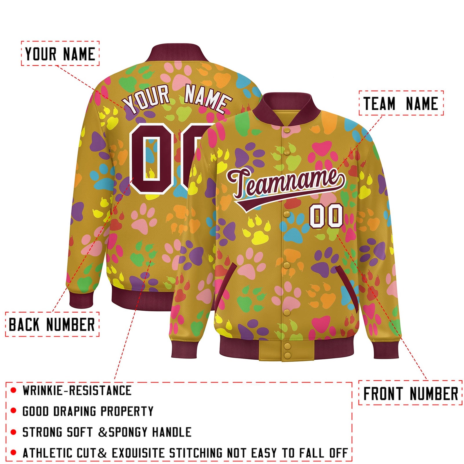 Custom Old Gold Crimson-White Varsity Pets Paw Prints Graffiti Pattern Letterman Baseball Jacket