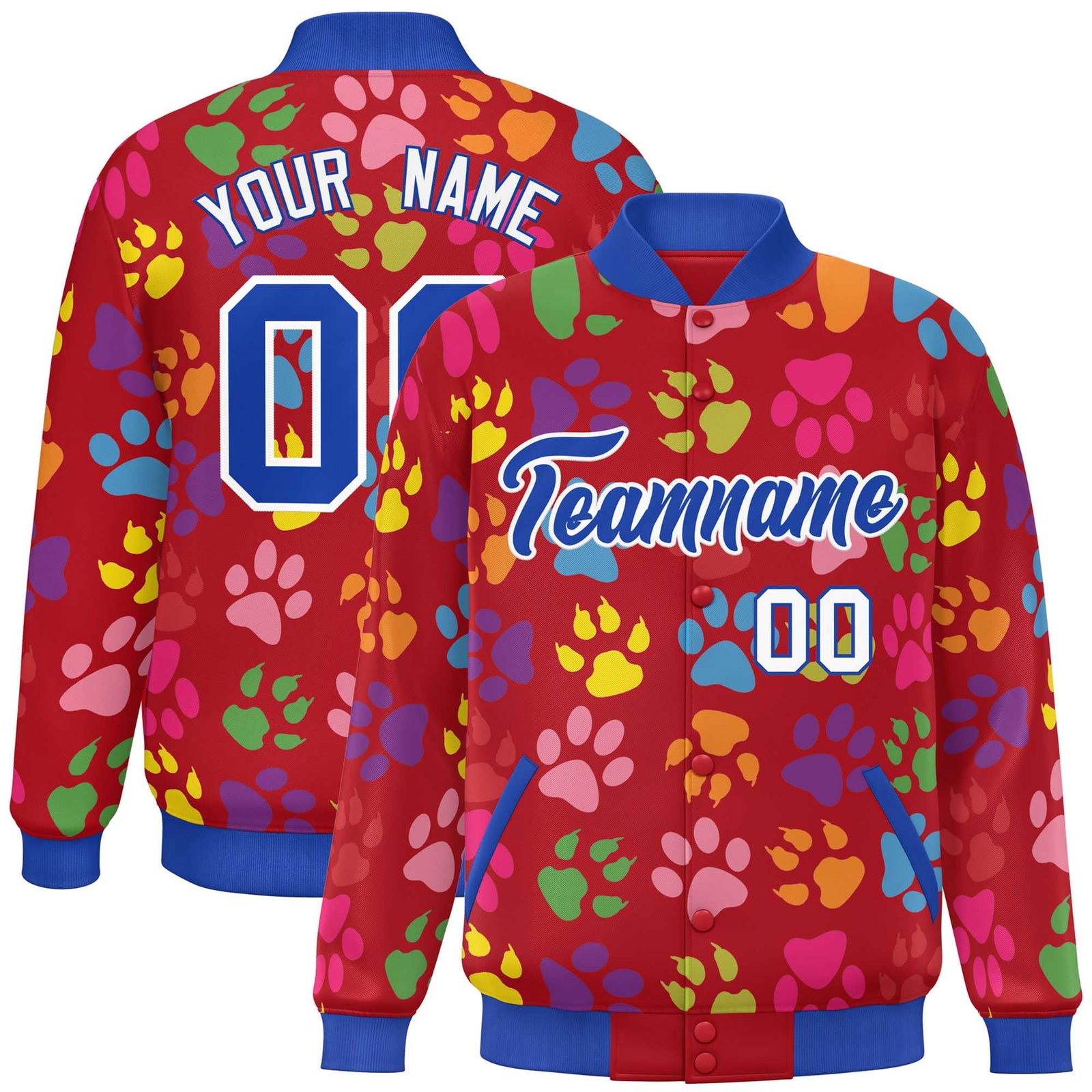 Custom Red Royal-White Varsity Pets Paw Prints Graffiti Pattern Letterman Baseball Jacket