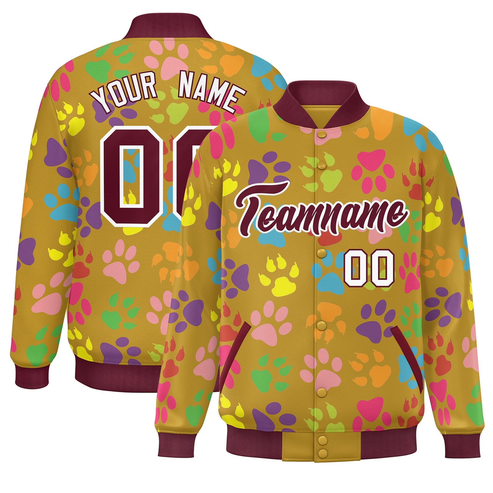 Custom Old Gold Crimson-White Varsity Pets Paw Prints Graffiti Pattern Letterman Baseball Jacket