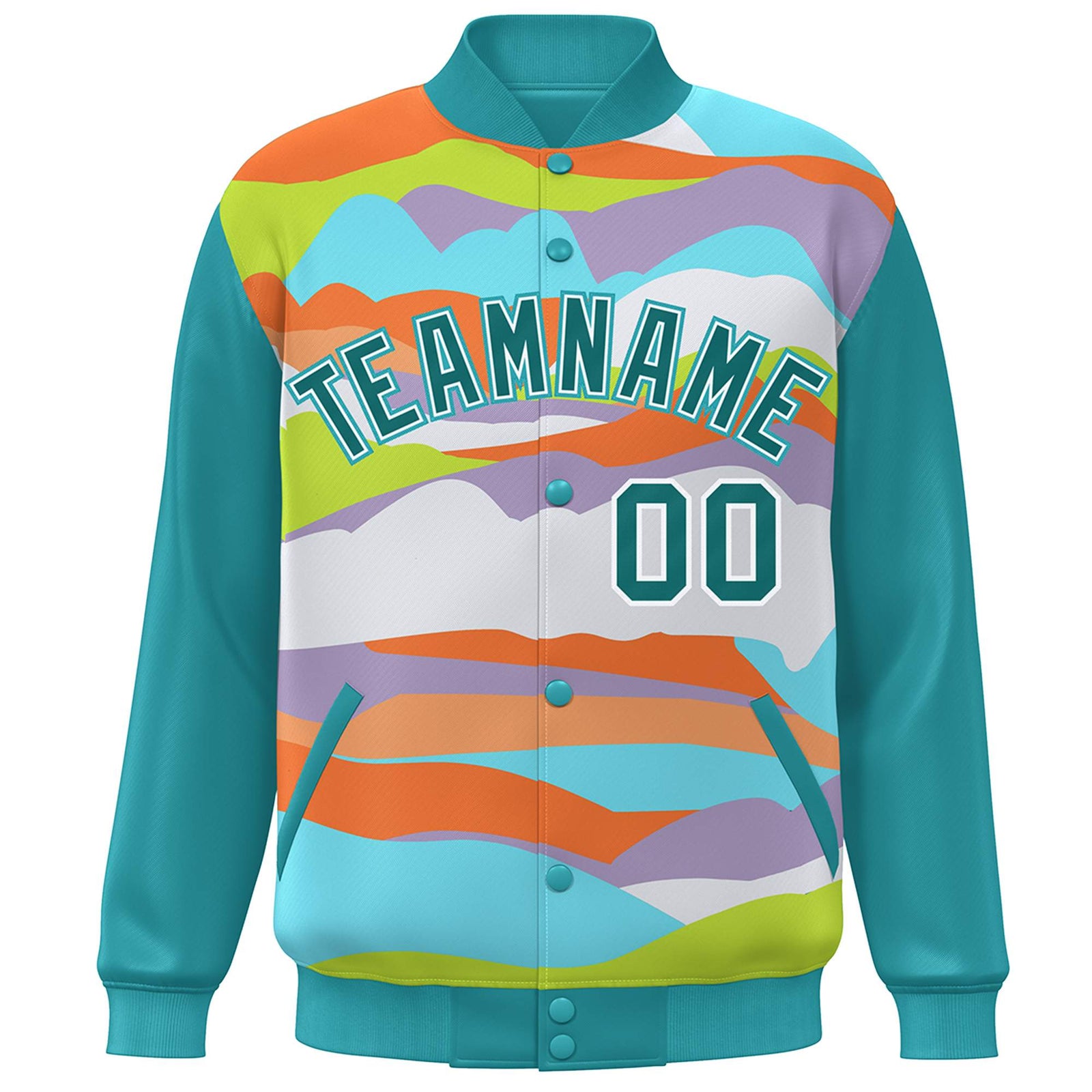 Custom Aqua White Multi Clouds Graffiti Pattern Varsity Full-Snap Jacket