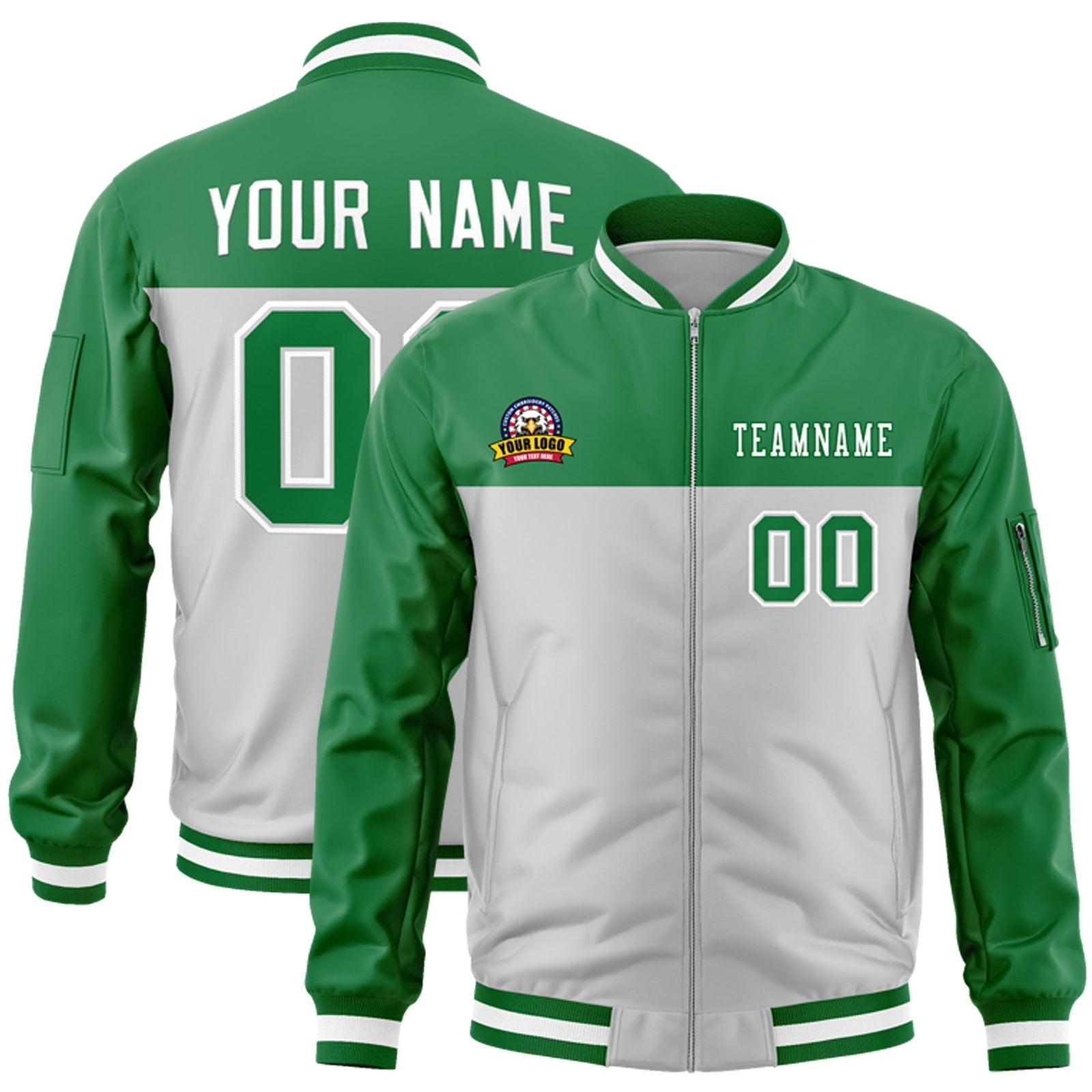 Custom Kelly Green Gray Varsity Full-Zip Color Block Letterman Bomber Jacket